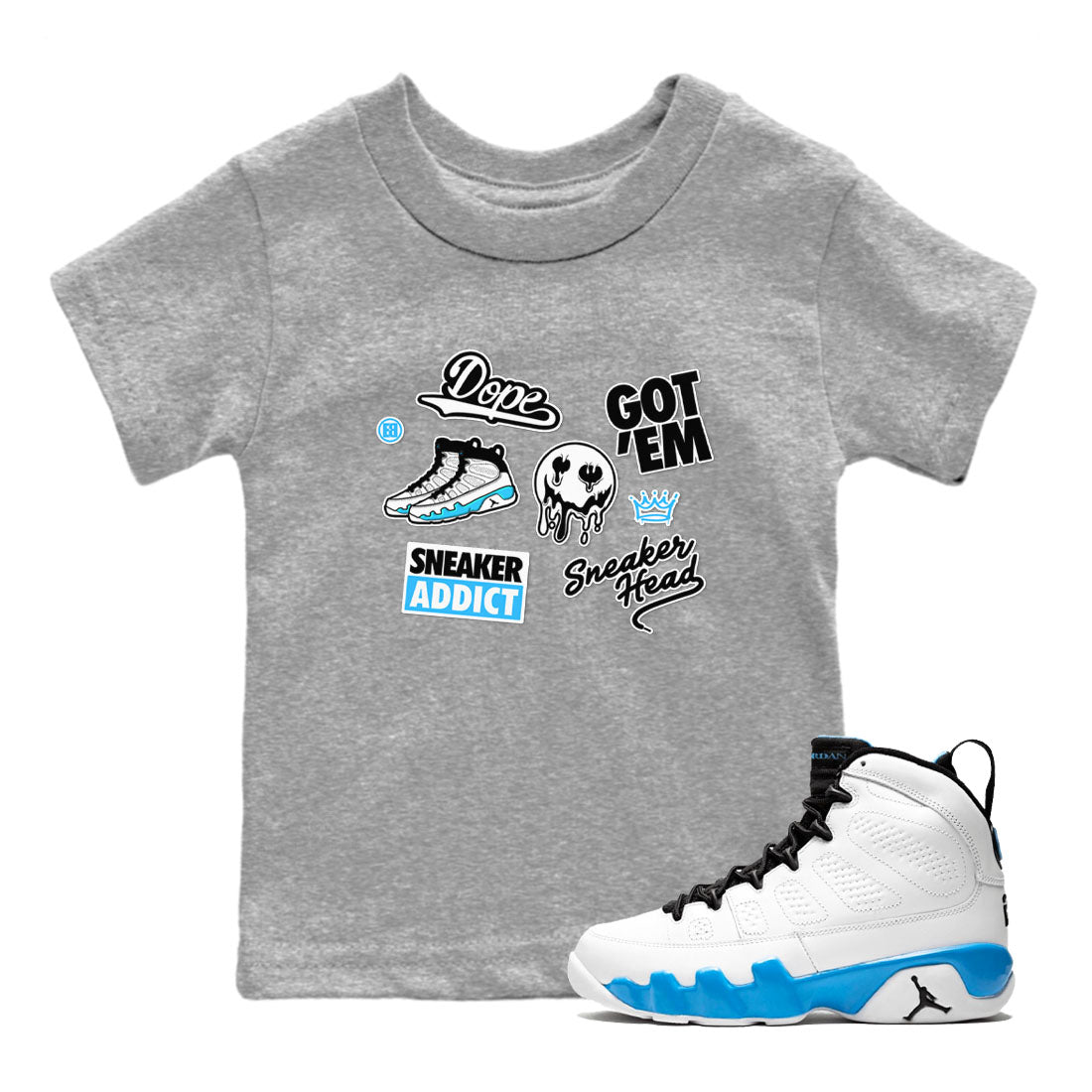 9s Powder Blue shirt to match jordans Sneakerhead Sticker sneaker tees Air Jordan 9 Powder Blue Drip Gear Zone baby toddler Heather Grey 1 cotton Shirt