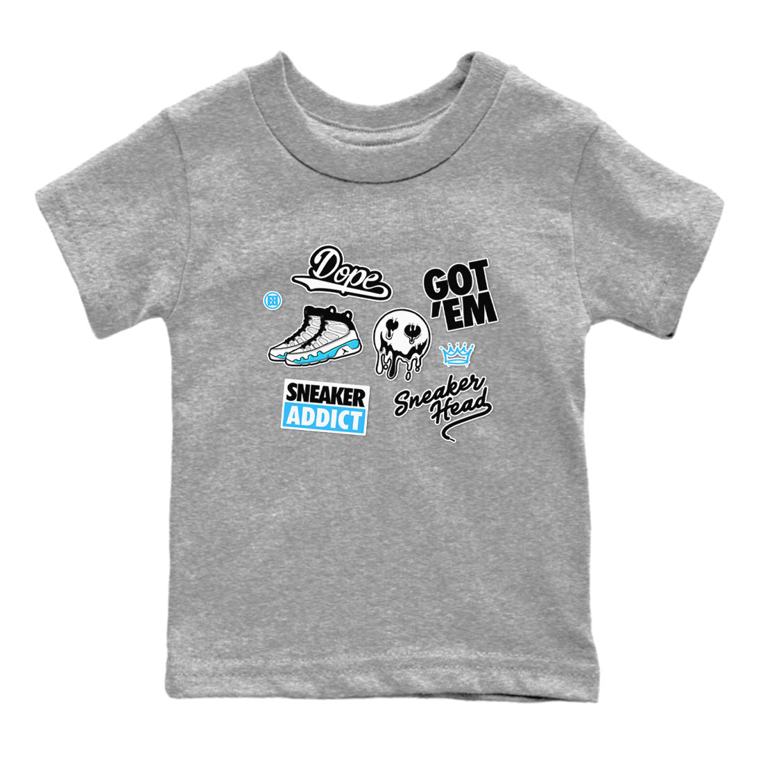 9s Powder Blue shirt to match jordans Sneakerhead Sticker sneaker tees Air Jordan 9 Powder Blue Drip Gear Zone baby toddler Heather Grey 2 cotton Shirt
