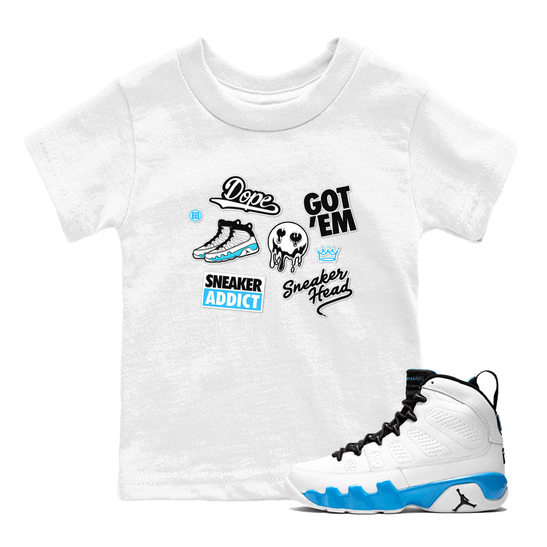 9s Powder Blue shirt to match jordans Sneakerhead Sticker sneaker tees Air Jordan 9 Powder Blue Drip Gear Zone baby toddler White 1 cotton Shirt