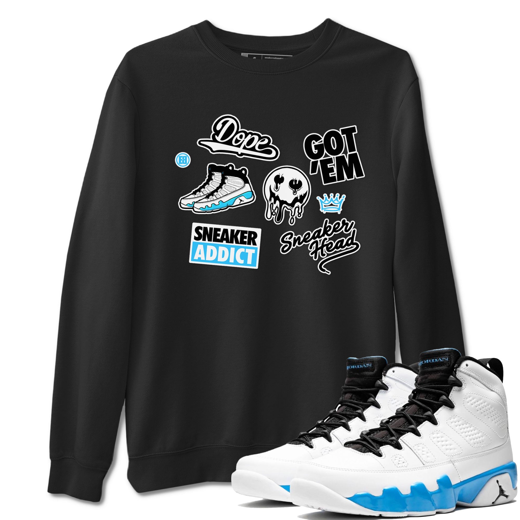 9s Powder Blue shirt to match jordans Sneakerhead Sticker sneaker tees Air Jordan 9 Powder Blue Drip Gear Zone unisex cotton Black 1 crew neck shirt