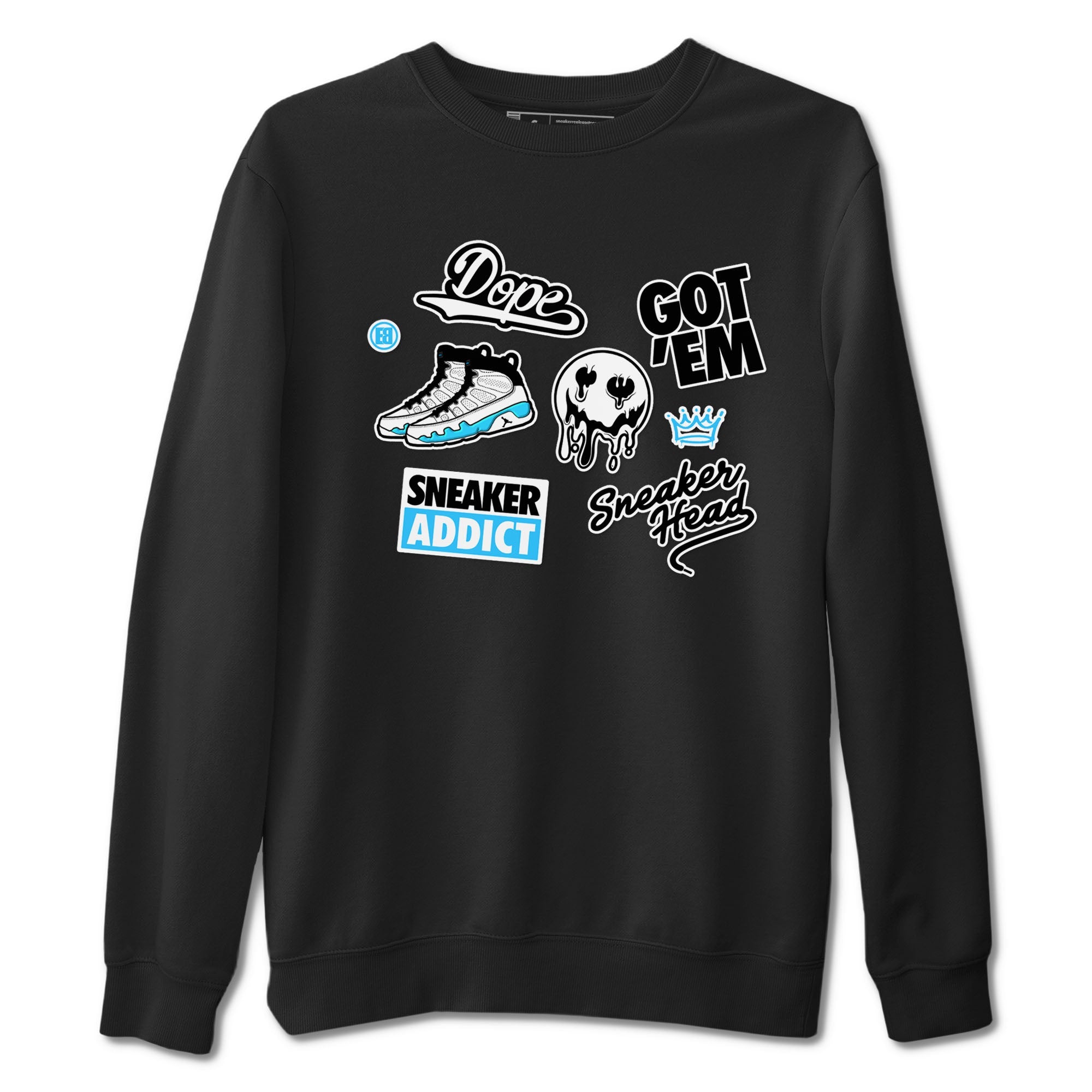 9s Powder Blue shirt to match jordans Sneakerhead Sticker sneaker tees Air Jordan 9 Powder Blue Drip Gear Zone unisex cotton Black 2 crew neck shirt