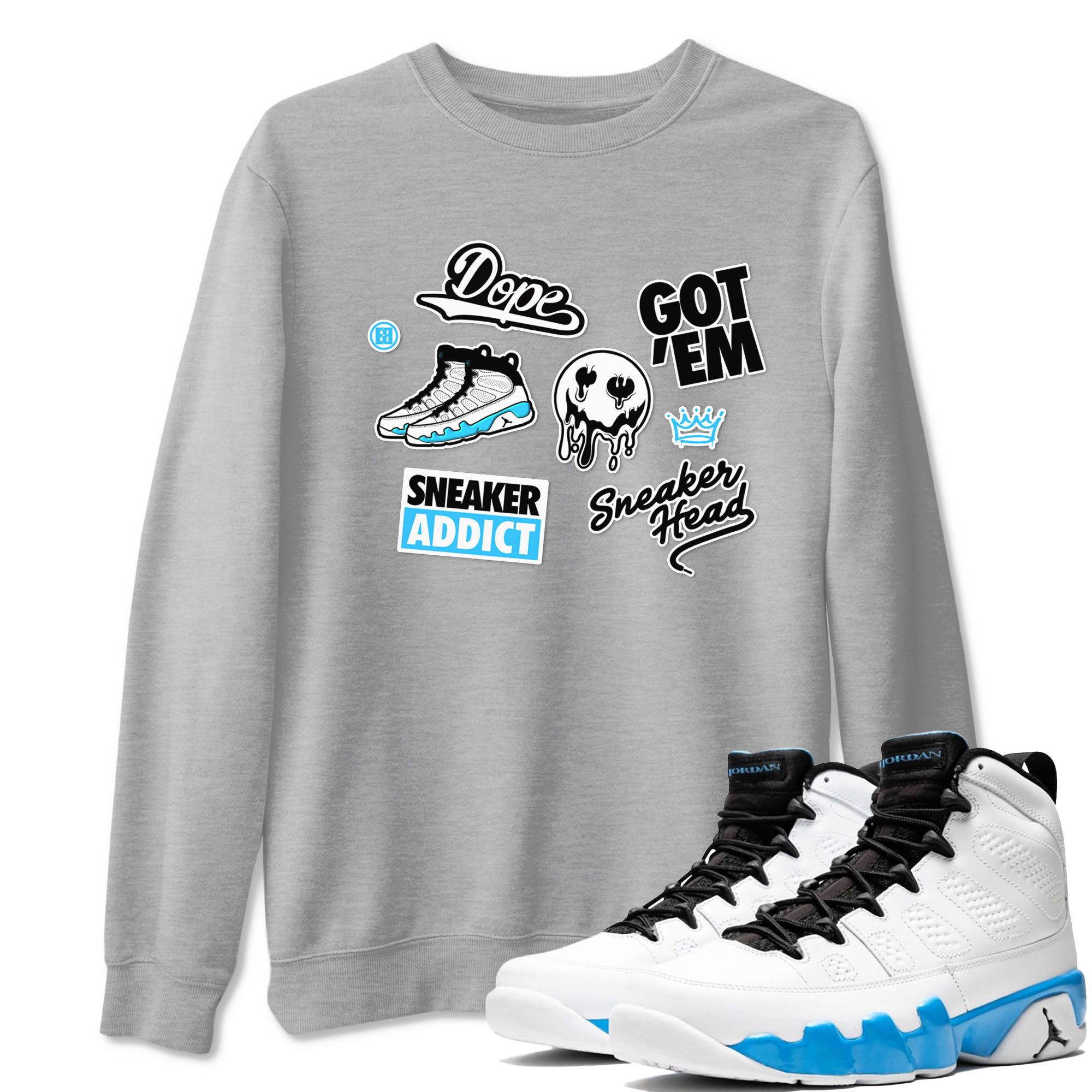 9s Powder Blue shirt to match jordans Sneakerhead Sticker sneaker tees Air Jordan 9 Powder Blue Drip Gear Zone unisex cotton Heather Grey 1 crew neck shirt