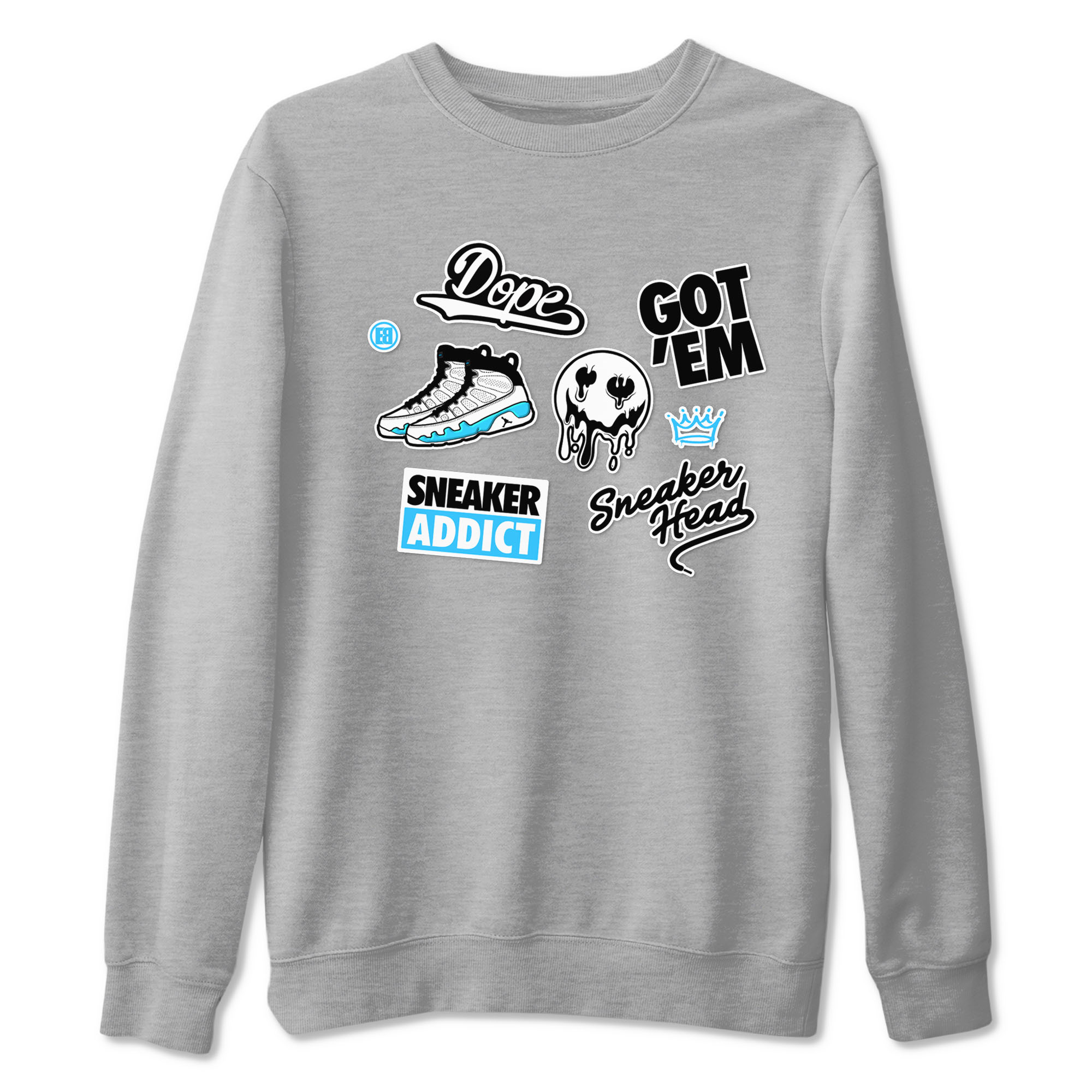 9s Powder Blue shirt to match jordans Sneakerhead Sticker sneaker tees Air Jordan 9 Powder Blue Drip Gear Zone unisex cotton Heather Grey 2 crew neck shirt