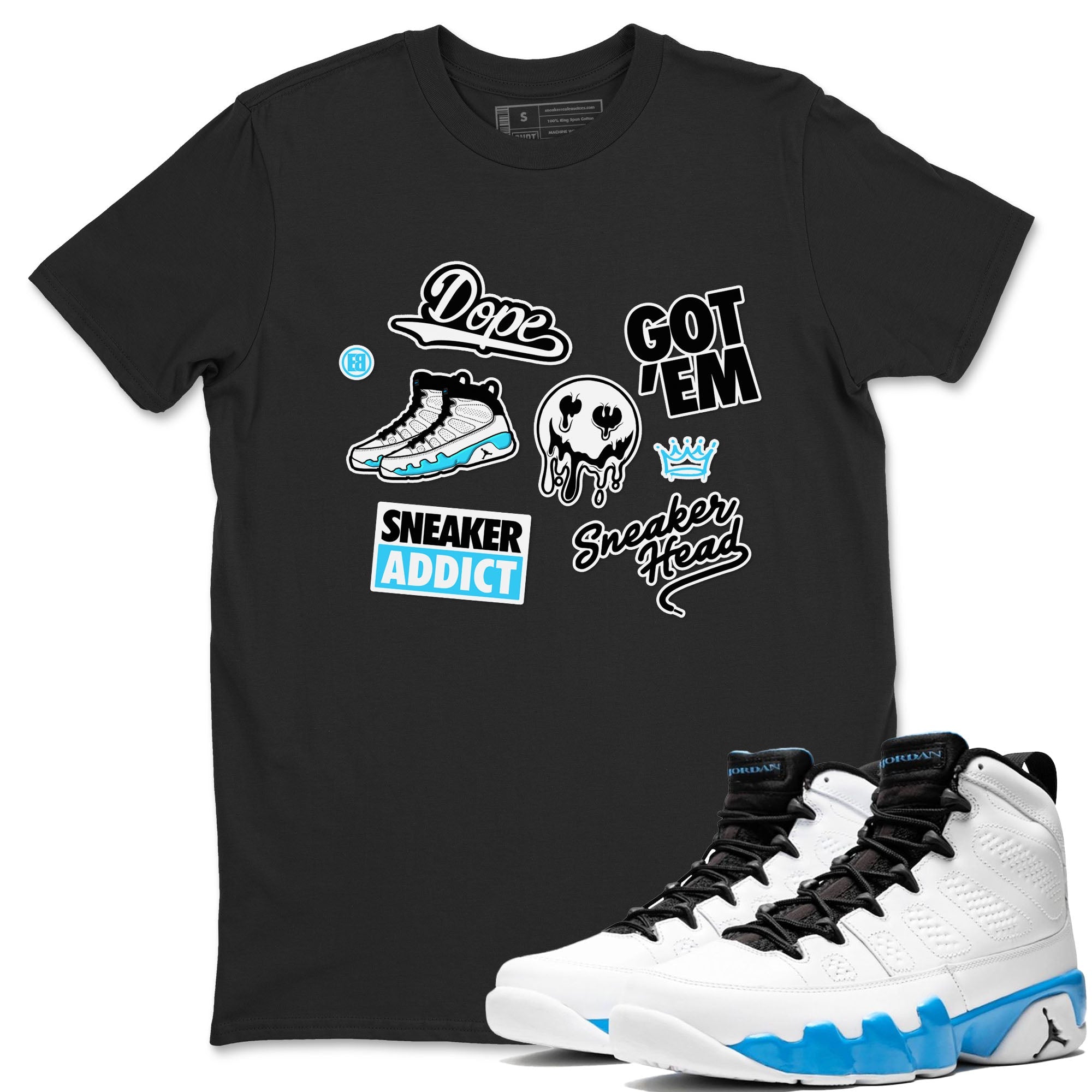9s Powder Blue shirt to match jordans Sneakerhead Sticker sneaker tees Air Jordan 9 Powder Blue Drip Gear Zone unisex cotton Black 1 crew neck shirt