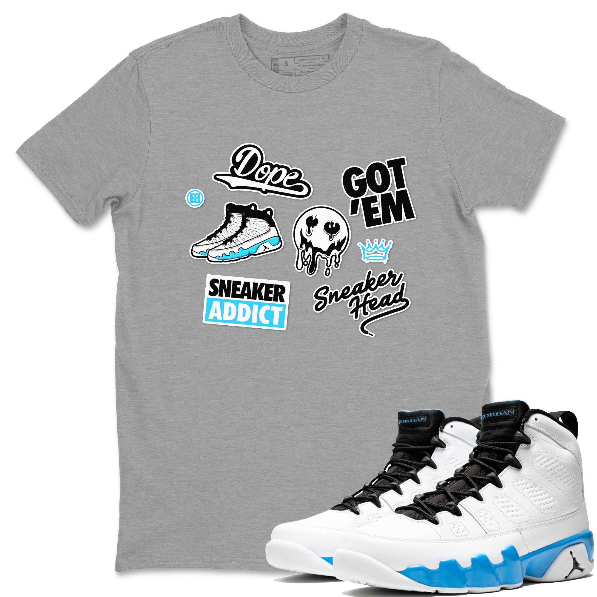 9s Powder Blue shirt to match jordans Sneakerhead Sticker sneaker tees Air Jordan 9 Powder Blue Drip Gear Zone unisex cotton Heather Grey 1 crew neck shirt