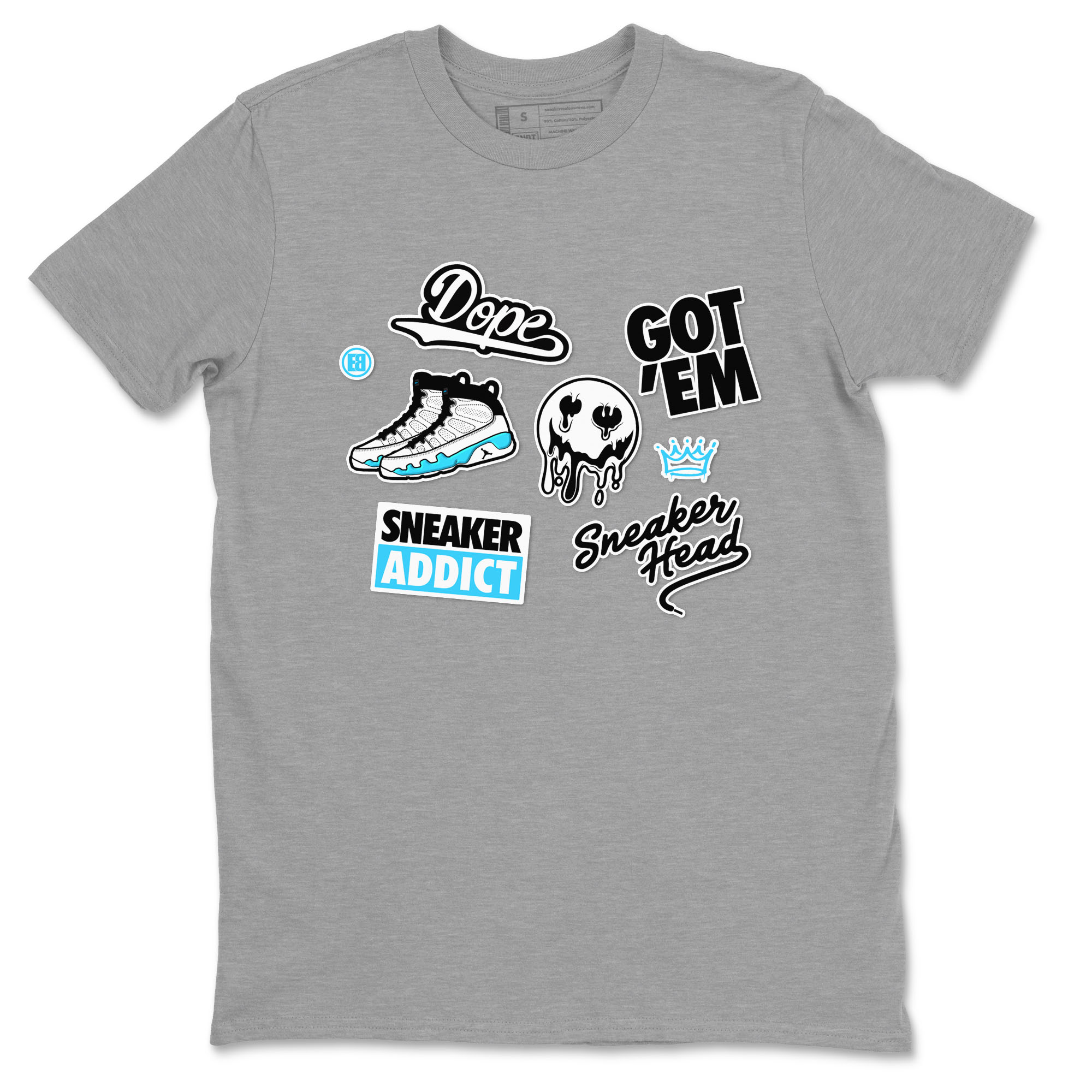 9s Powder Blue shirt to match jordans Sneakerhead Sticker sneaker tees Air Jordan 9 Powder Blue Drip Gear Zone unisex cotton Heather Grey 2 crew neck shirt