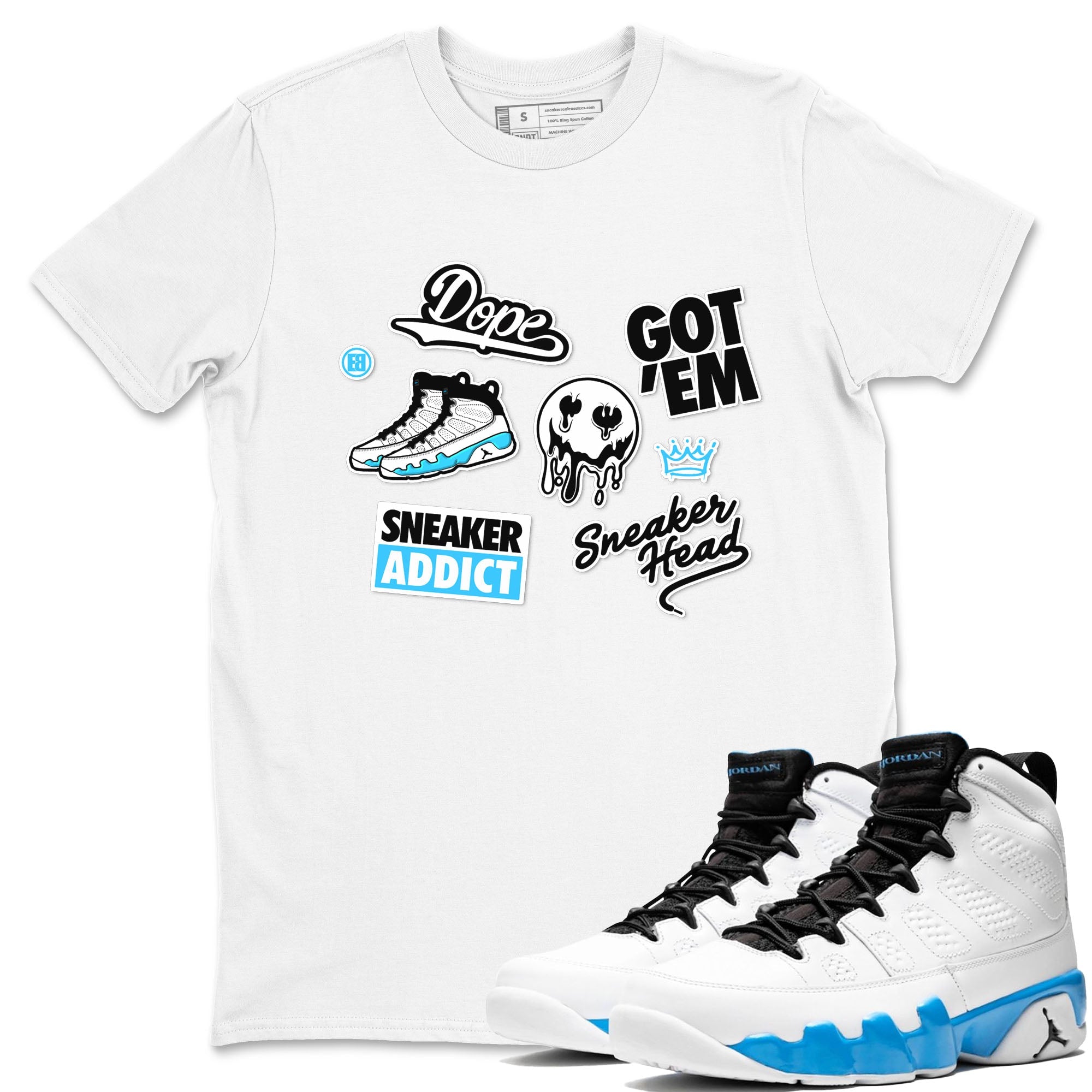 9s Powder Blue shirt to match jordans Sneakerhead Sticker sneaker tees Air Jordan 9 Powder Blue Drip Gear Zone unisex cotton White 1 crew neck shirt