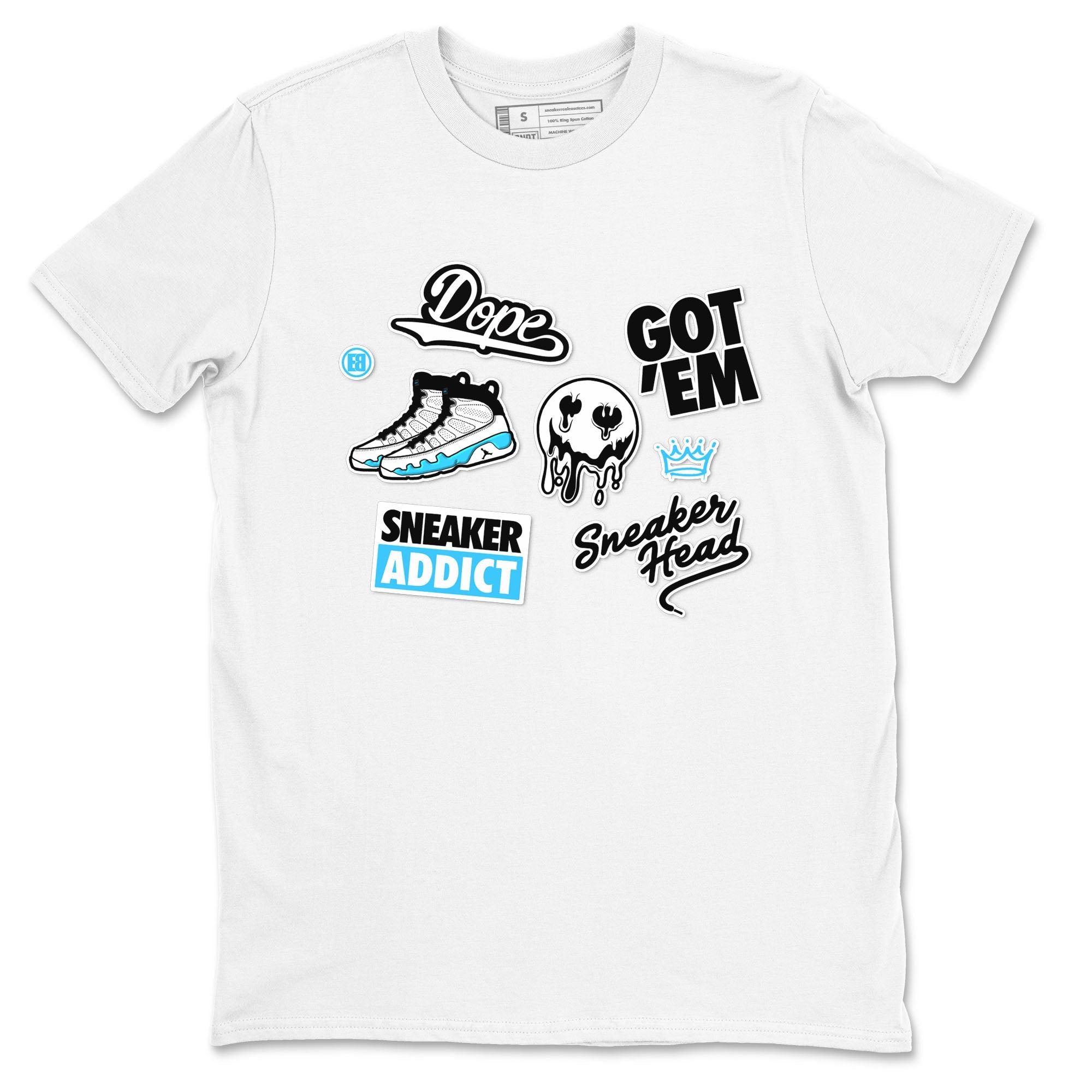 9s Powder Blue shirt to match jordans Sneakerhead Sticker sneaker tees Air Jordan 9 Powder Blue Drip Gear Zone unisex cotton White 2 crew neck shirt