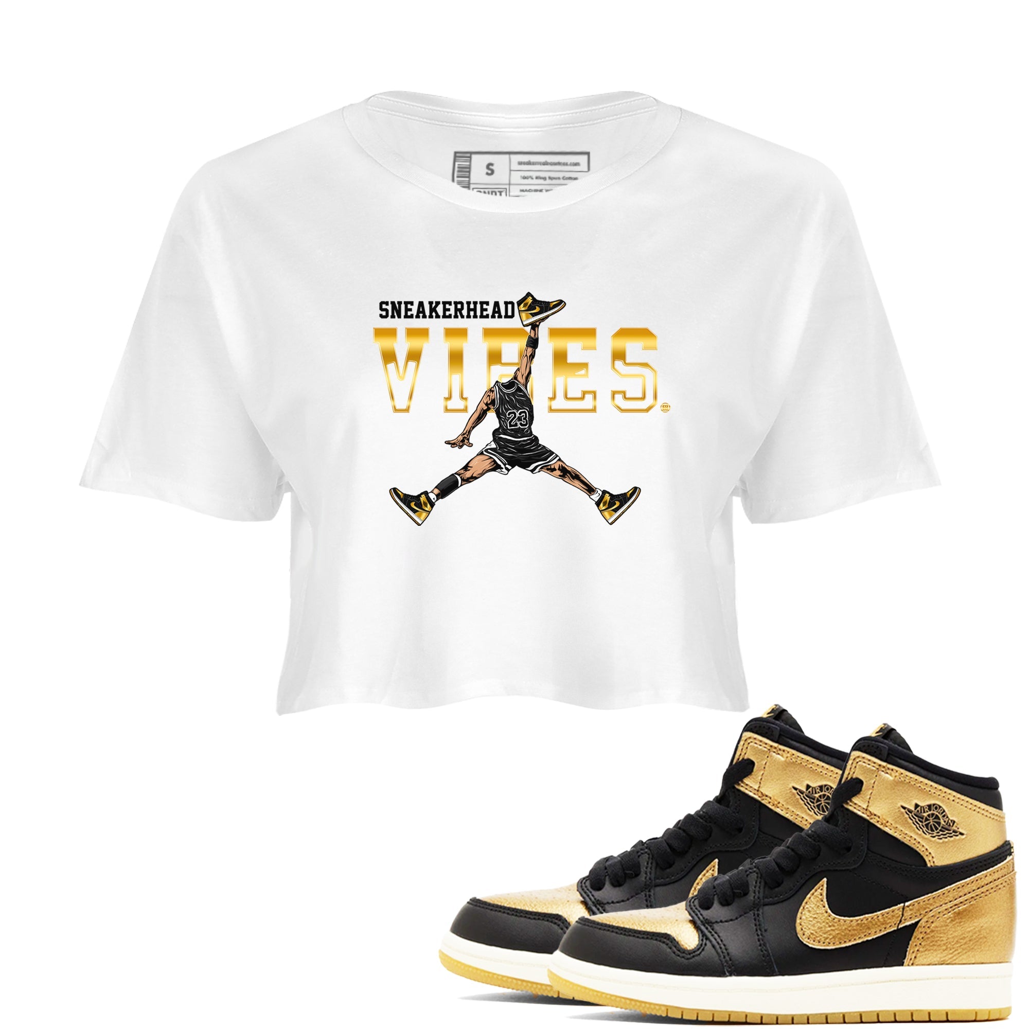 Air Jordan 1 High OG Black Metallic Gold shirts to match jordans Sneakerhead Vibes sneaker match tees Jordan 1 Black Metallic Gold Drip Gear Zone streetwear brand White 1 crop tee