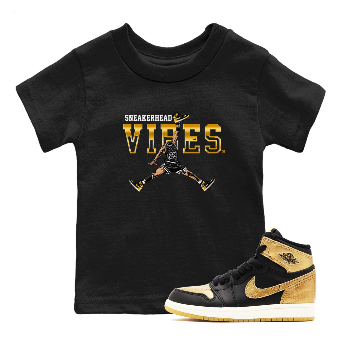 Air Jordan 1 High OG Black Metallic Gold shirts to match jordans Sneakerhead Vibes sneaker match tees Jordan 1 Black Metallic Gold Drip Gear Zone streetwear brand Baby and Youth Black 1 cotton tee