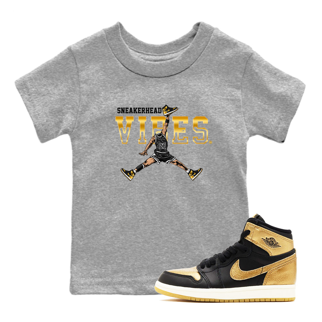 Air Jordan 1 High OG Black Metallic Gold shirts to match jordans Sneakerhead Vibes sneaker match tees Jordan 1 Black Metallic Gold Drip Gear Zone streetwear brand Baby and Youth Heather Grey 1 cotton tee