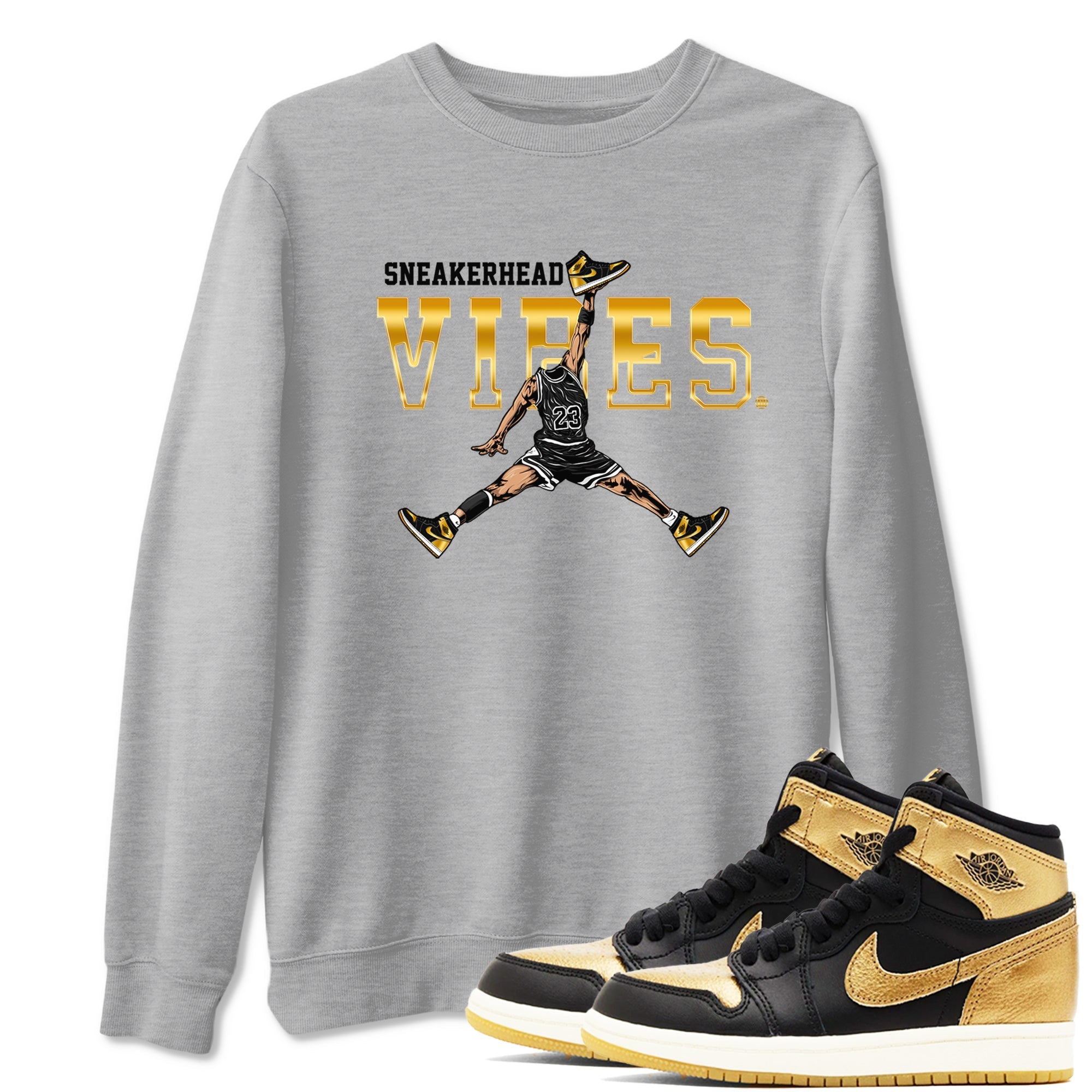 Air Jordan 1 High OG Black Metallic Gold shirts to match jordans Sneakerhead Vibes sneaker match tees Jordan 1 Black Metallic Gold Drip Gear Zone streetwear brand Heather Grey 1 unisex cotton tee