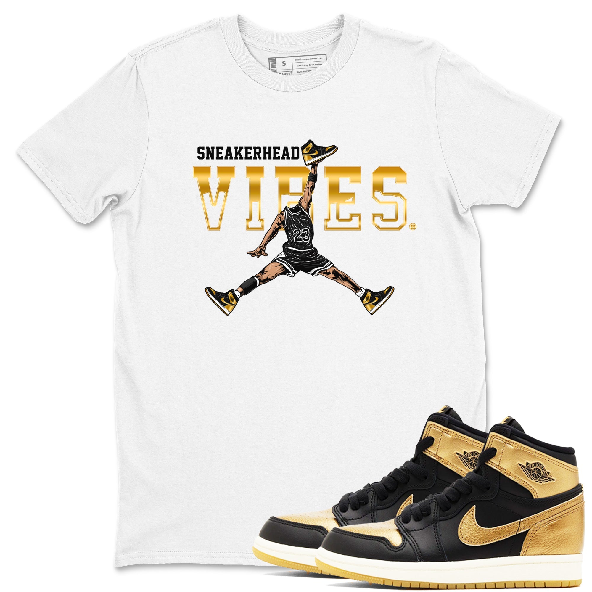 Air Jordan 1 High OG Black Metallic Gold shirts to match jordans Sneakerhead Vibes sneaker match tees Jordan 1 Black Metallic Gold Drip Gear Zone streetwear brand White 1 unisex cotton tee