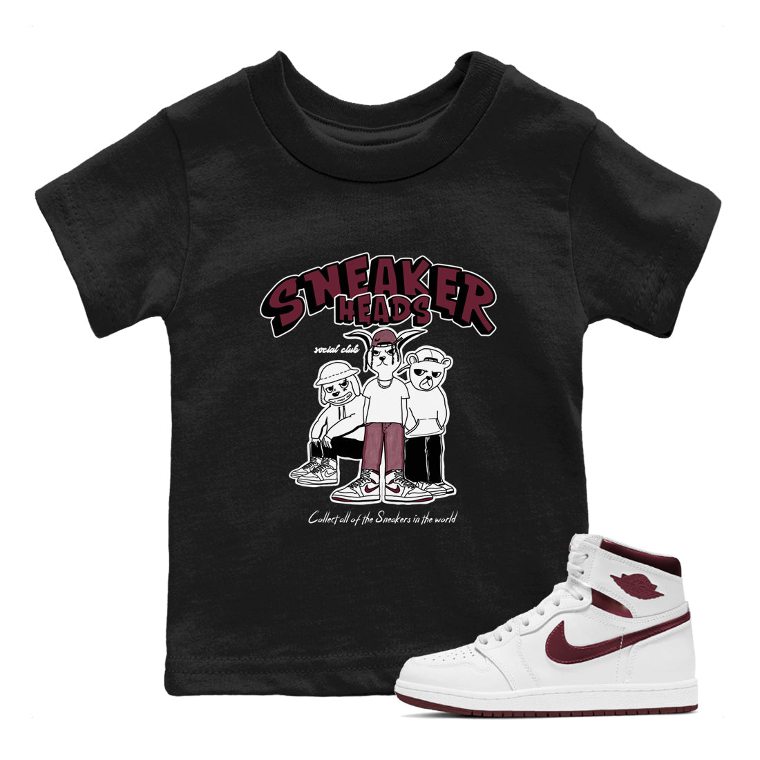 1s Metallic Burgundy shirts to match jordans Sneakerheads Social Club sneaker match tees Air Jordan 1 Metallic Burgundy Drip Gear Zone streetwear brand Baby and Youth Black 1 cotton tee