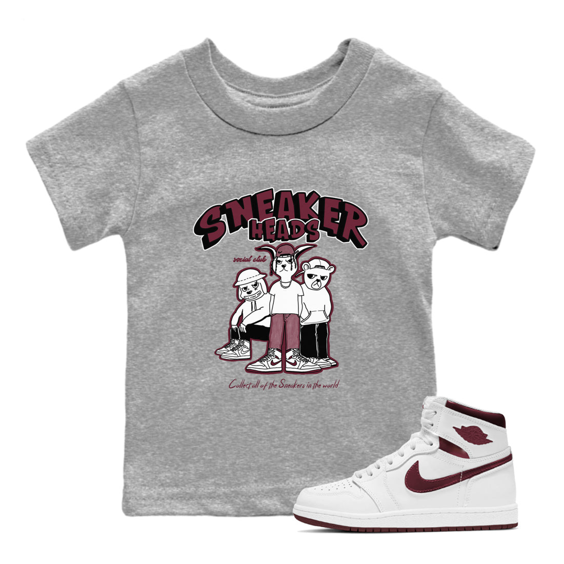 1s Metallic Burgundy shirts to match jordans Sneakerheads Social Club sneaker match tees Air Jordan 1 Metallic Burgundy Drip Gear Zone streetwear brand Baby and Youth Heather Grey 1 cotton tee