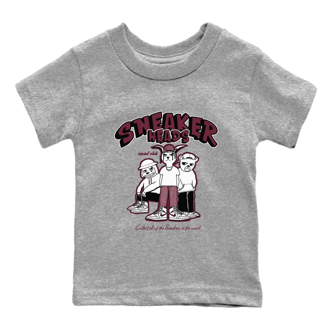 1s Metallic Burgundy shirts to match jordans Sneakerheads Social Club sneaker match tees Air Jordan 1 Metallic Burgundy Drip Gear Zone streetwear brand Baby and Youth Heather Grey 2 cotton tee