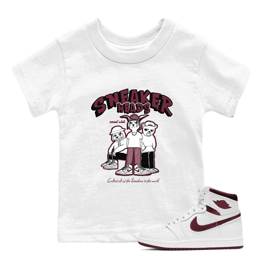 1s Metallic Burgundy shirts to match jordans Sneakerheads Social Club sneaker match tees Air Jordan 1 Metallic Burgundy Drip Gear Zone streetwear brand Baby and Youth White 1 cotton tee