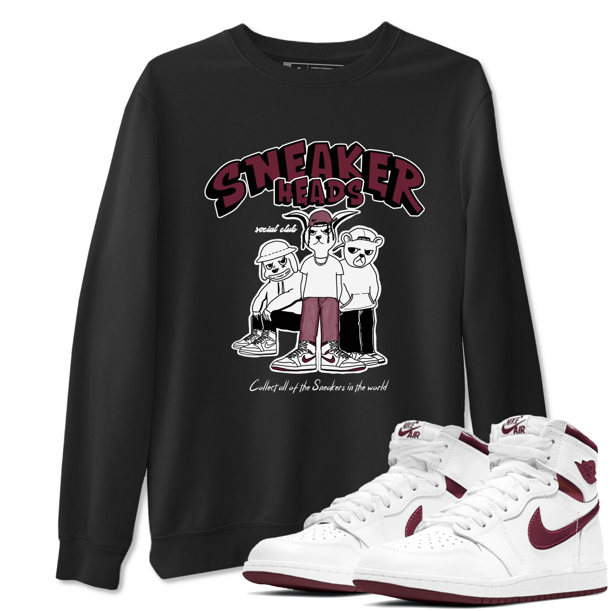 1s Metallic Burgundy shirts to match jordans Sneakerheads Social Club sneaker match tees Air Jordan 1 Metallic Burgundy Drip Gear Zone streetwear brand Black 1 unisex cotton tee