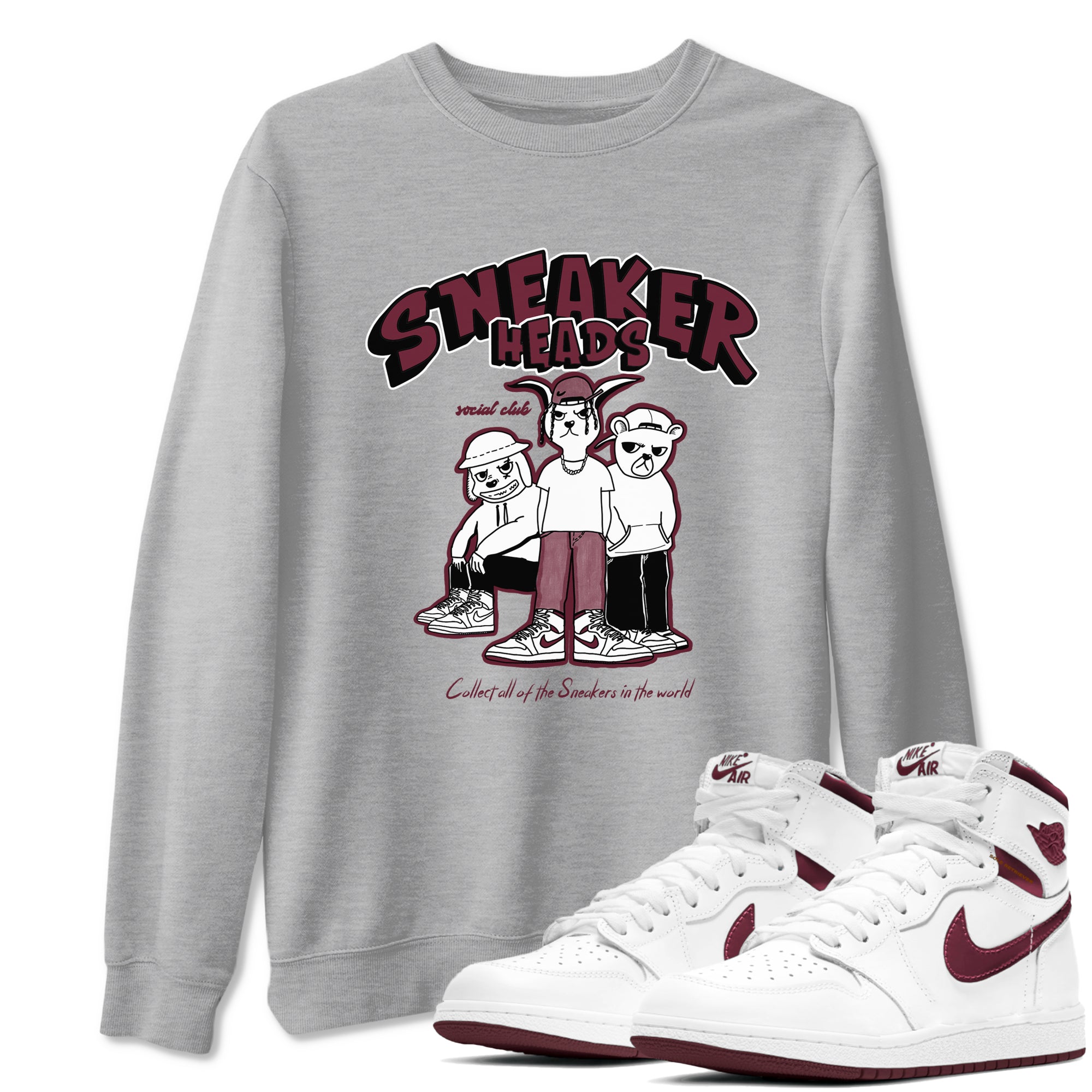 1s Metallic Burgundy shirts to match jordans Sneakerheads Social Club sneaker match tees Air Jordan 1 Metallic Burgundy Drip Gear Zone streetwear brand Heather Grey 1 unisex cotton tee