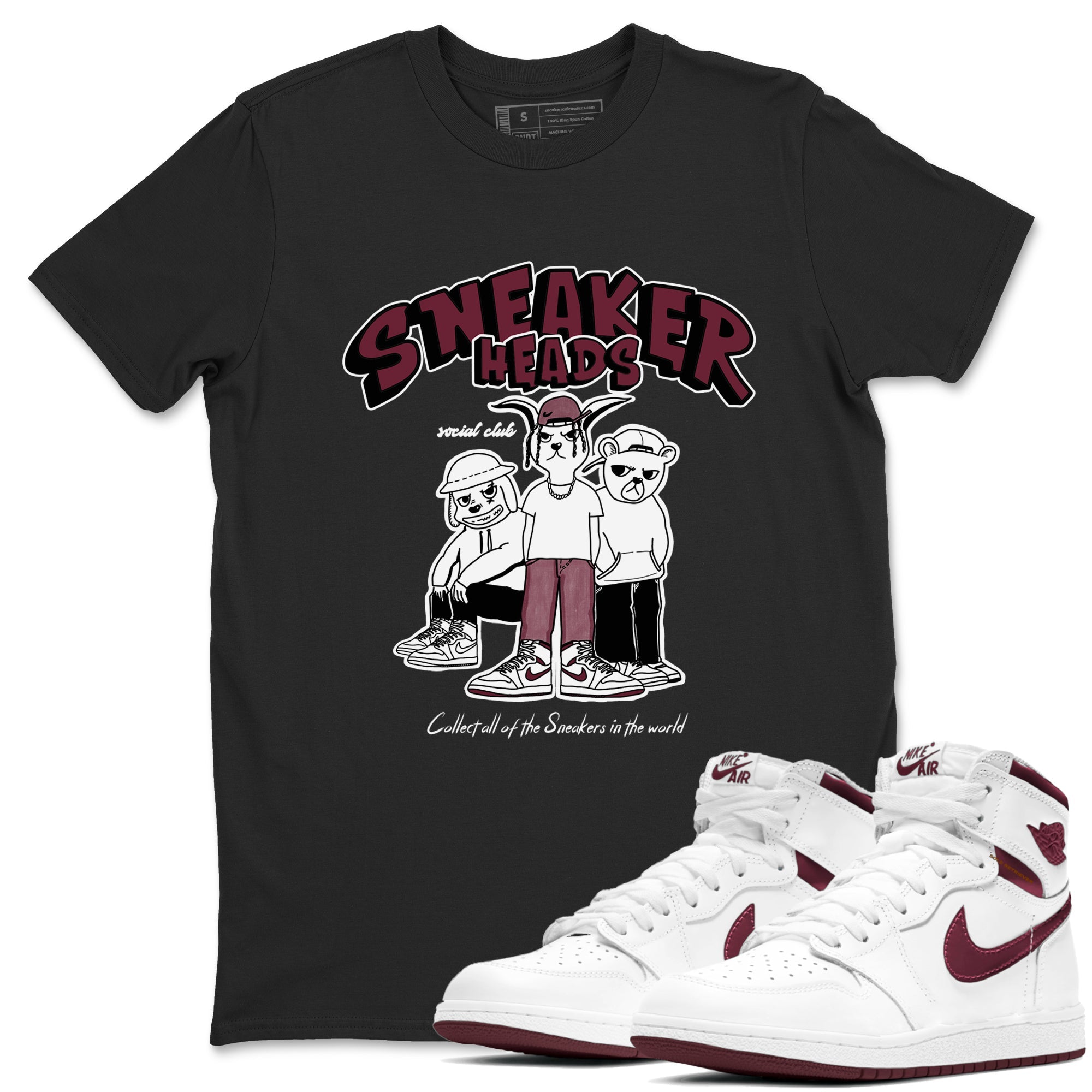 1s Metallic Burgundy shirts to match jordans Sneakerheads Social Club sneaker match tees Air Jordan 1 Metallic Burgundy Drip Gear Zone streetwear brand Black 1 unisex cotton tee
