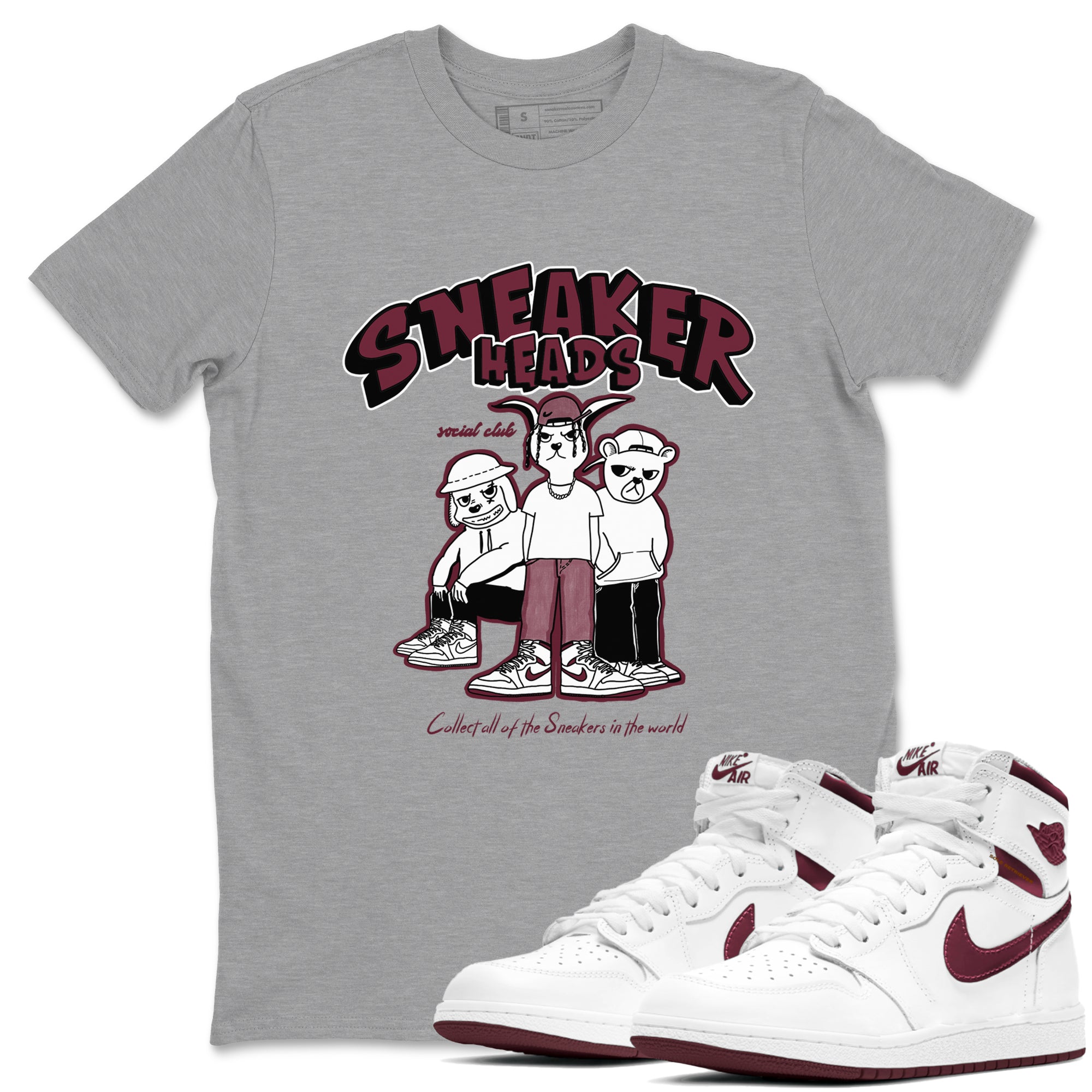 1s Metallic Burgundy shirts to match jordans Sneakerheads Social Club sneaker match tees Air Jordan 1 Metallic Burgundy Drip Gear Zone streetwear brand Heather Grey 1 unisex cotton tee