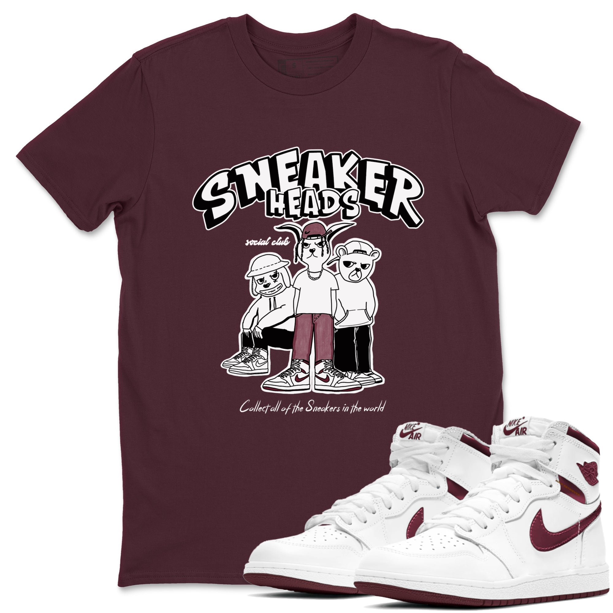 1s Metallic Burgundy shirts to match jordans Sneakerheads Social Club sneaker match tees Air Jordan 1 Metallic Burgundy Drip Gear Zone streetwear brand Maroon 1 unisex cotton tee