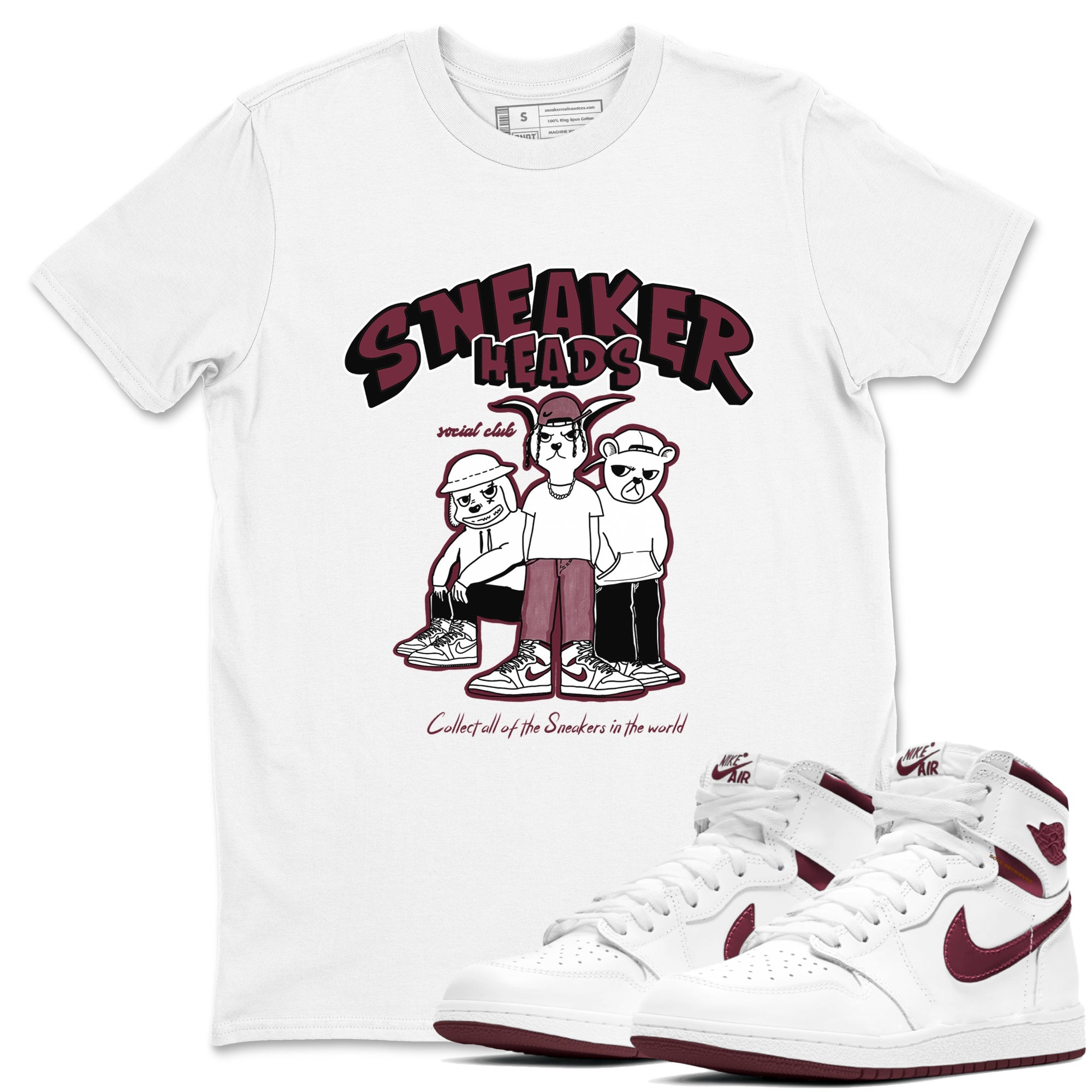 1s Metallic Burgundy shirts to match jordans Sneakerheads Social Club sneaker match tees Air Jordan 1 Metallic Burgundy Drip Gear Zone streetwear brand White 1 unisex cotton tee