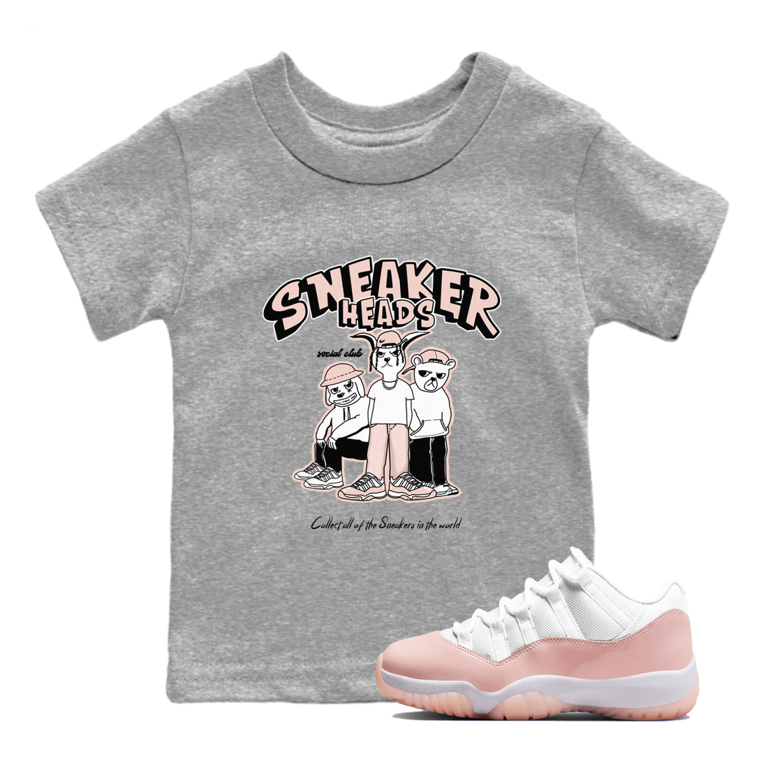 11s Legend Pink shirts to match jordans Sneakerheads Social Club sneaker match tees Air Jordan 11 Legend Pink Drip Gear Zone streetwear brand Baby and Youth Heather Grey 1 cotton tee