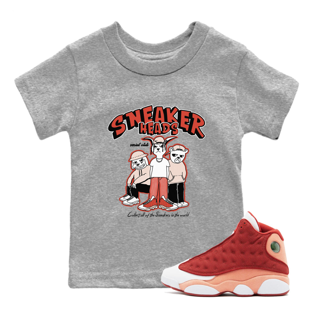 13s Dune Red shirts to match jordans Sneakerheads Social Club sneaker match tees Air Jordan 13 Dune Red Drip Gear Zone streetwear brand Baby and Youth Heather Grey 1 cotton tee