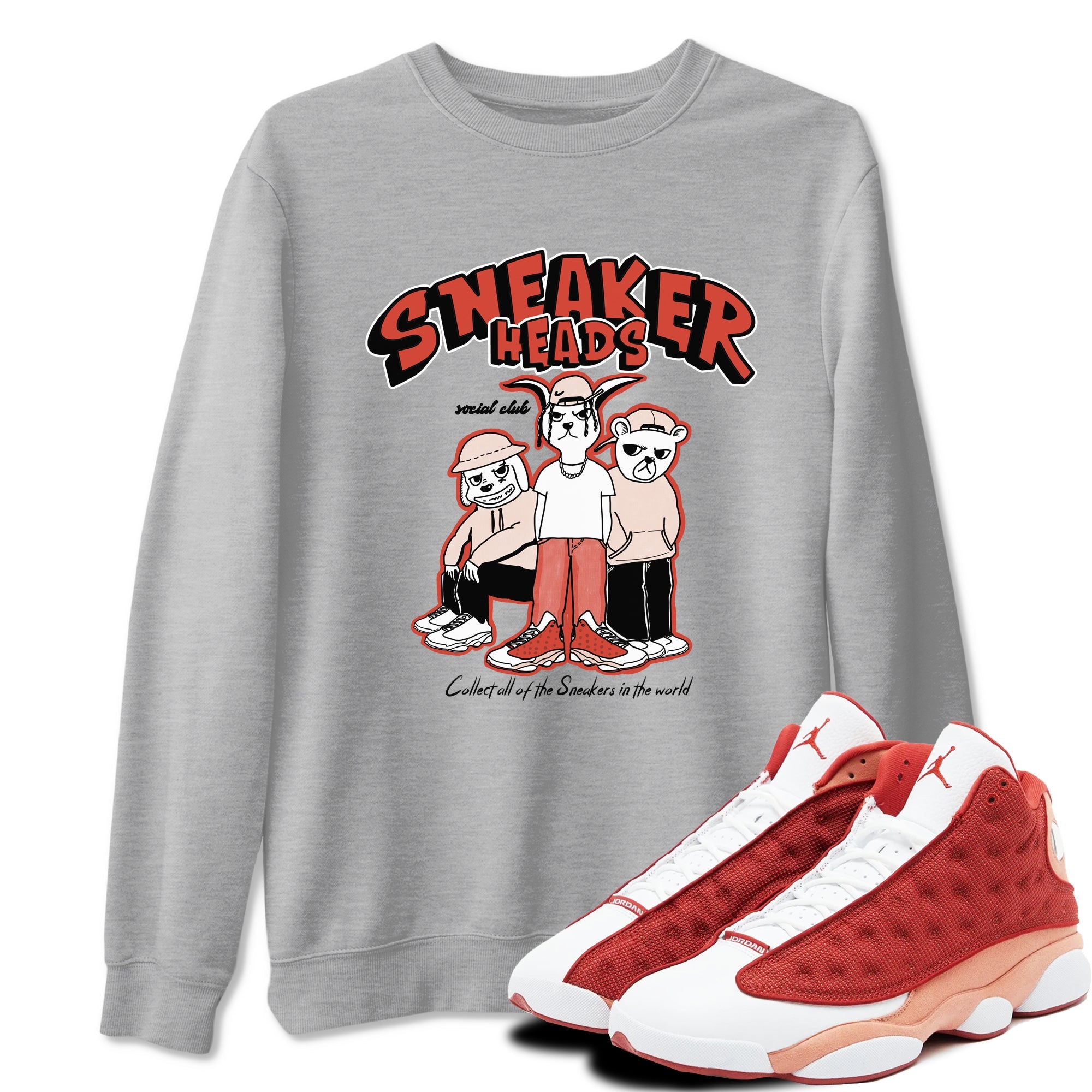 13s Dune Red shirts to match jordans Sneakerheads Social Club sneaker match tees Air Jordan 13 Dune Red Drip Gear Zone streetwear brand Heather Grey 1 unisex cotton tee