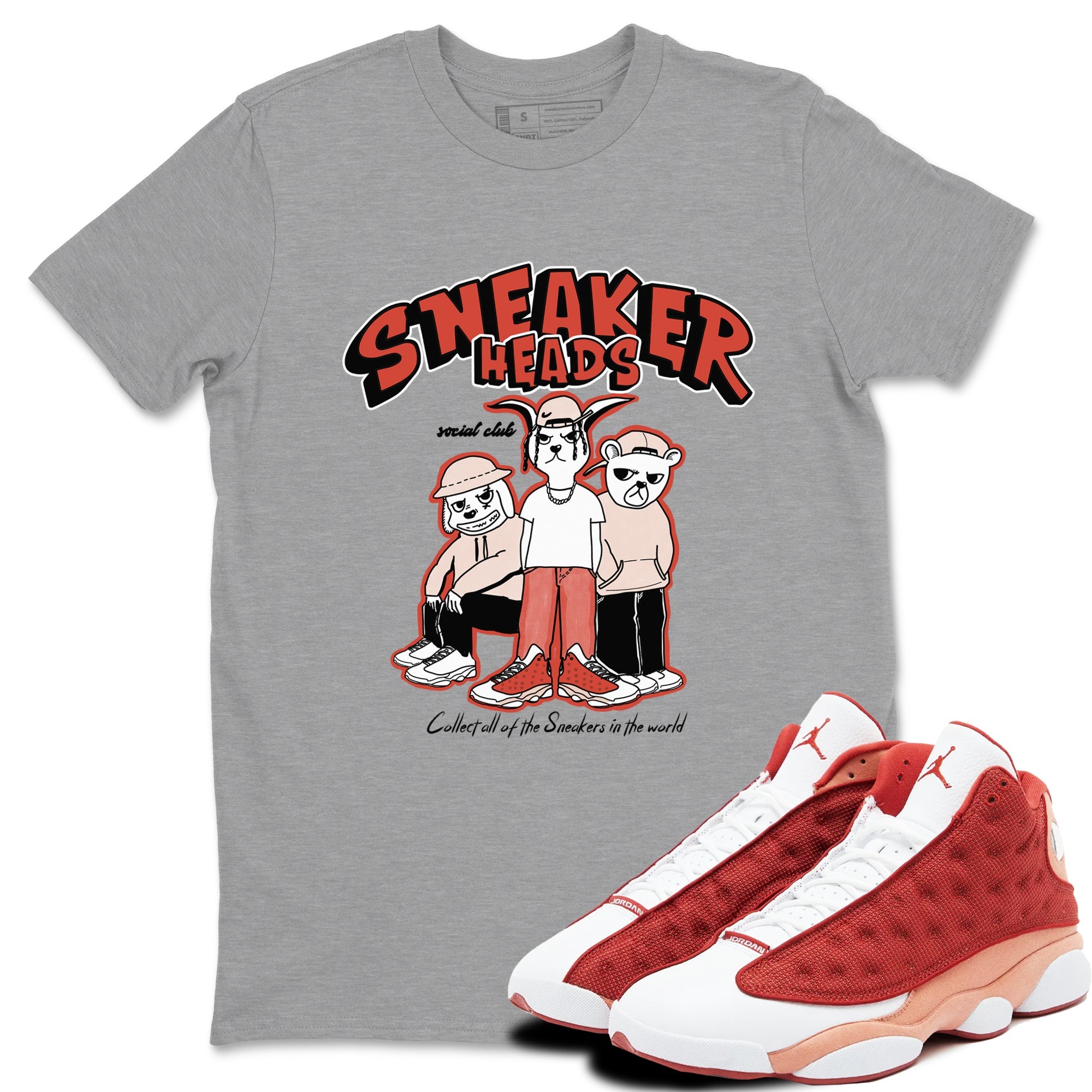 13s Dune Red shirts to match jordans Sneakerheads Social Club sneaker match tees Air Jordan 13 Dune Red Drip Gear Zone streetwear brand Heather Grey 1 unisex cotton tee