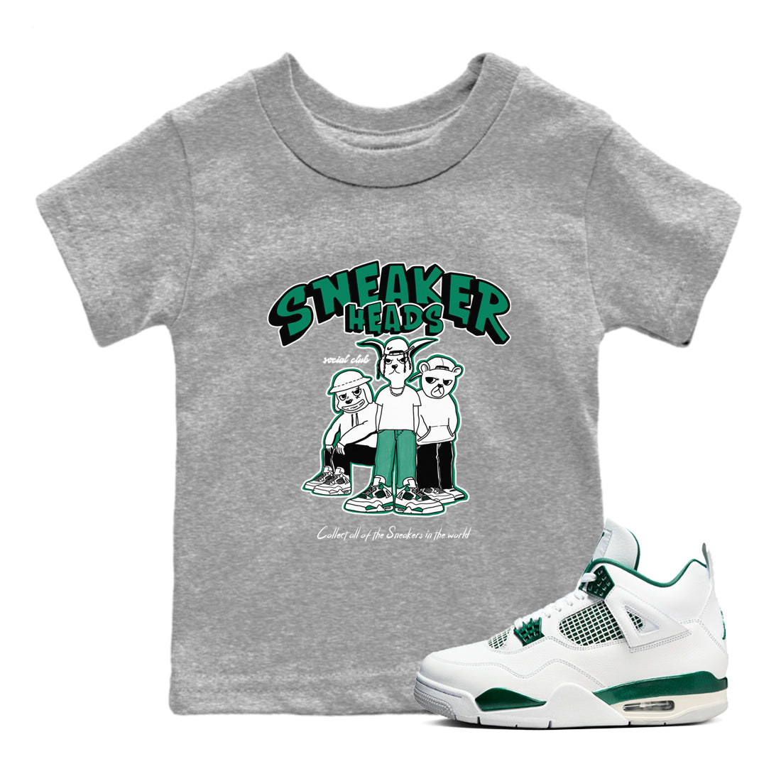 4s Oxidized Green shirts to match jordans Sneakerheads Social Club sneaker match tees Air Jordan 4 Oxidized Green Drip Gear Zone streetwear brand Baby and Youth Heather Grey 1 cotton tee
