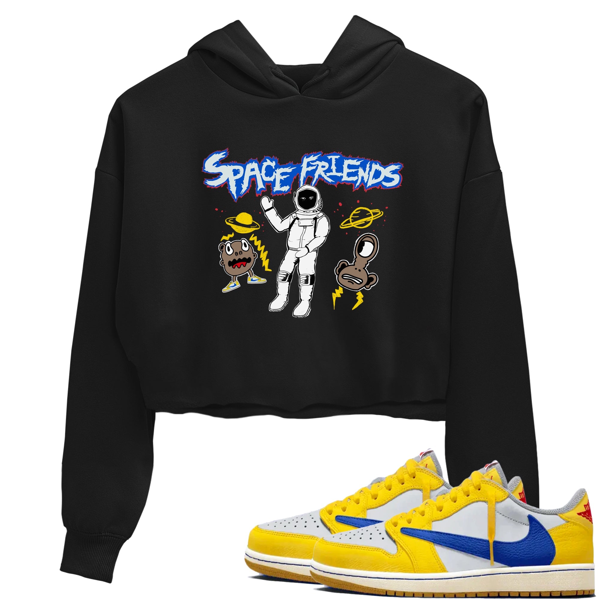 1s Travis Scott Canary shirt to match jordans Space Friends sneaker tees Air Jordan 1 Travis Scott Canary Drip Gear Zone Black 1 crop length shirt