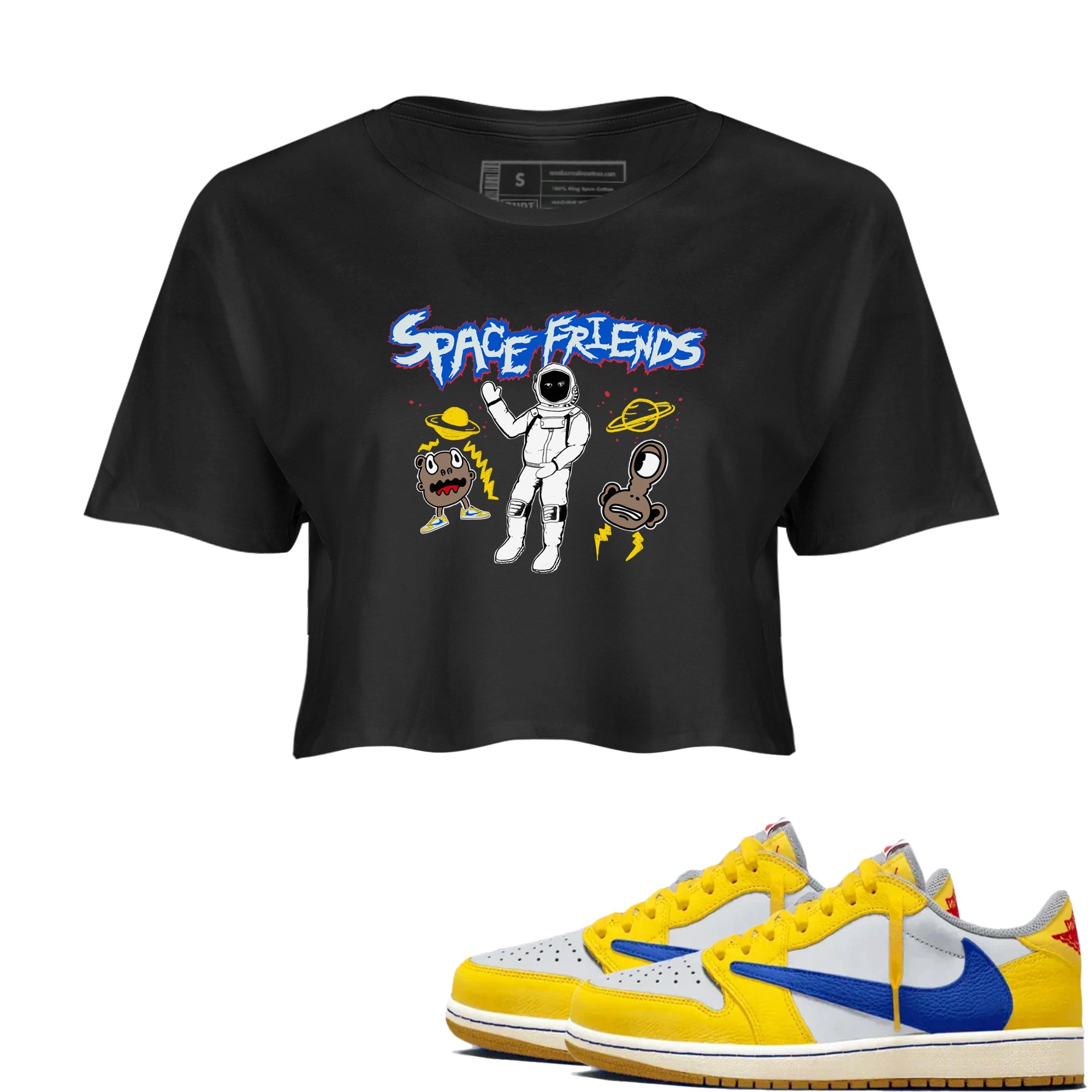 1s Travis Scott Canary shirt to match jordans Space Friends sneaker tees Air Jordan 1 Travis Scott Canary Drip Gear Zone Black 1 crop length shirt