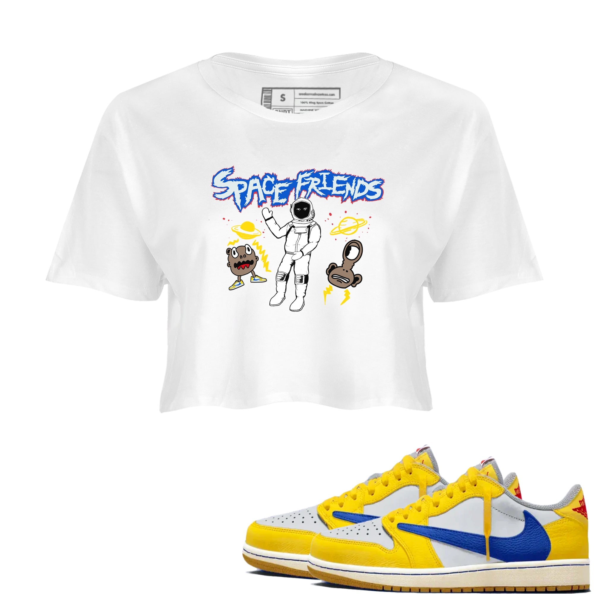 1s Travis Scott Canary shirt to match jordans Space Friends sneaker tees Air Jordan 1 Travis Scott Canary Drip Gear Zone White 1 crop length shirt