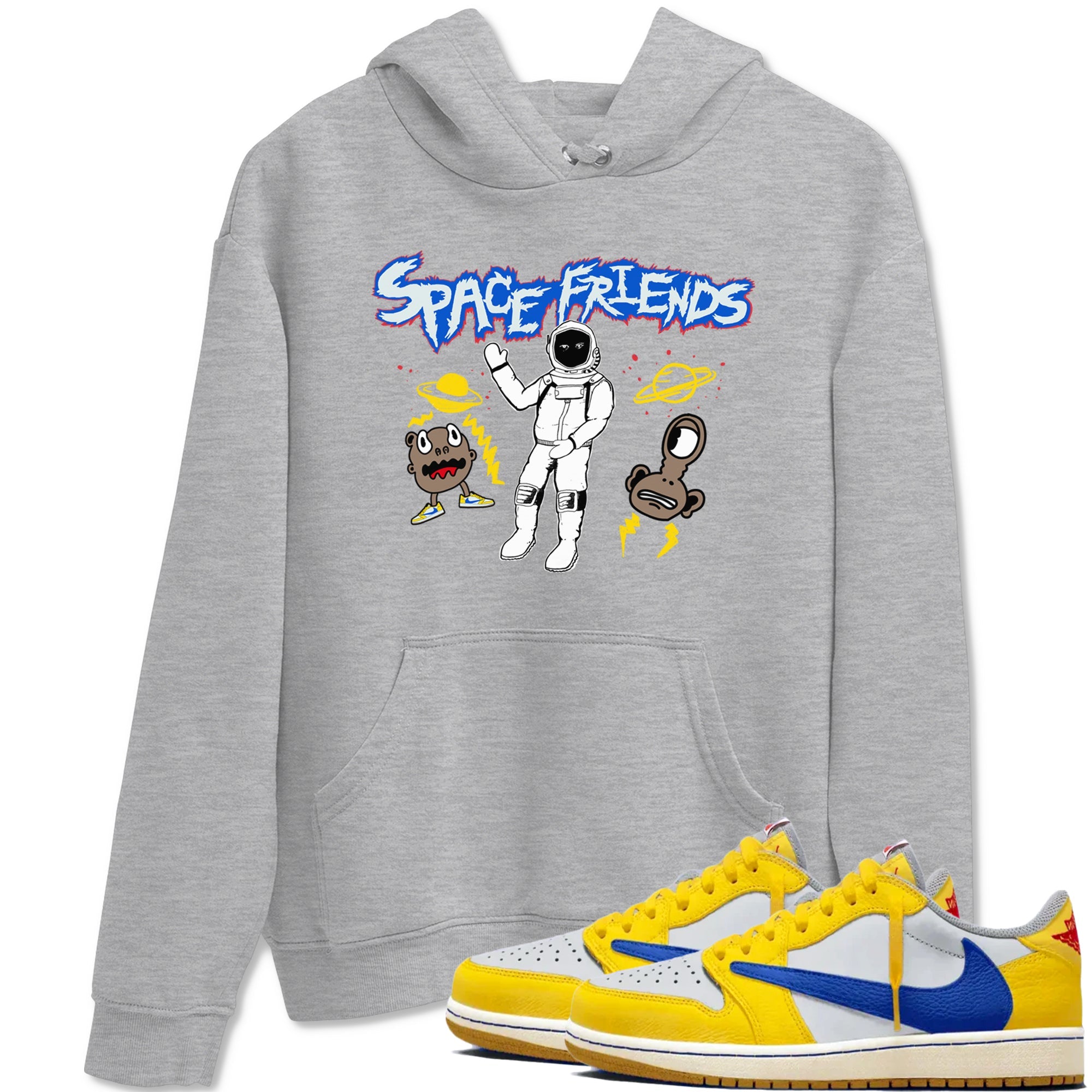 1s Travis Scott Canary shirt to match jordans Space Friends sneaker tees Air Jordan 1 Travis Scott Canary Drip Gear Zone unisex cotton Heather Grey 1 crew neck shirt