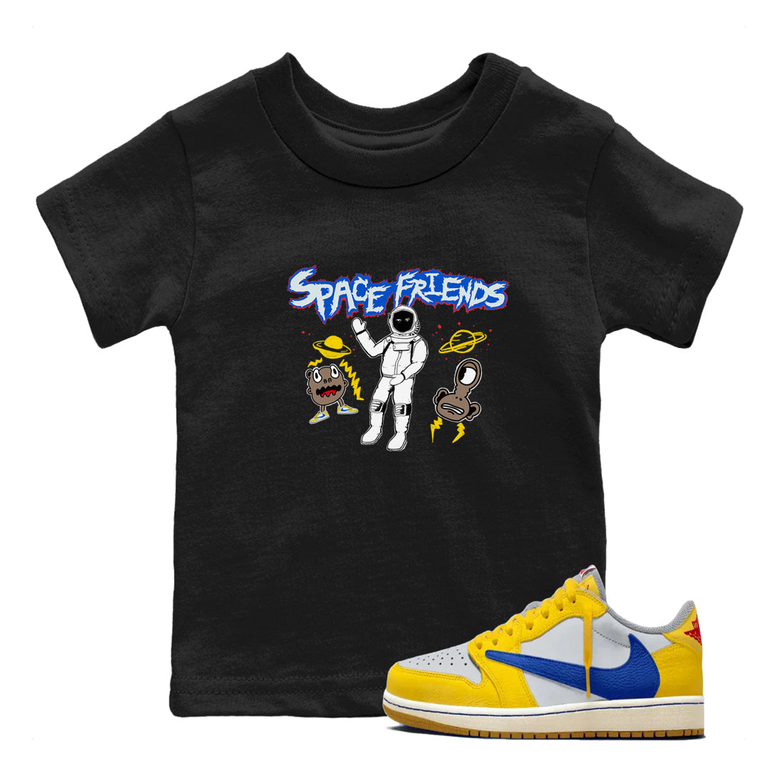 1s Travis Scott Canary shirt to match jordans Space Friends sneaker tees Air Jordan 1 Travis Scott Canary Drip Gear Zone baby toddler Black 1 cotton Shirt