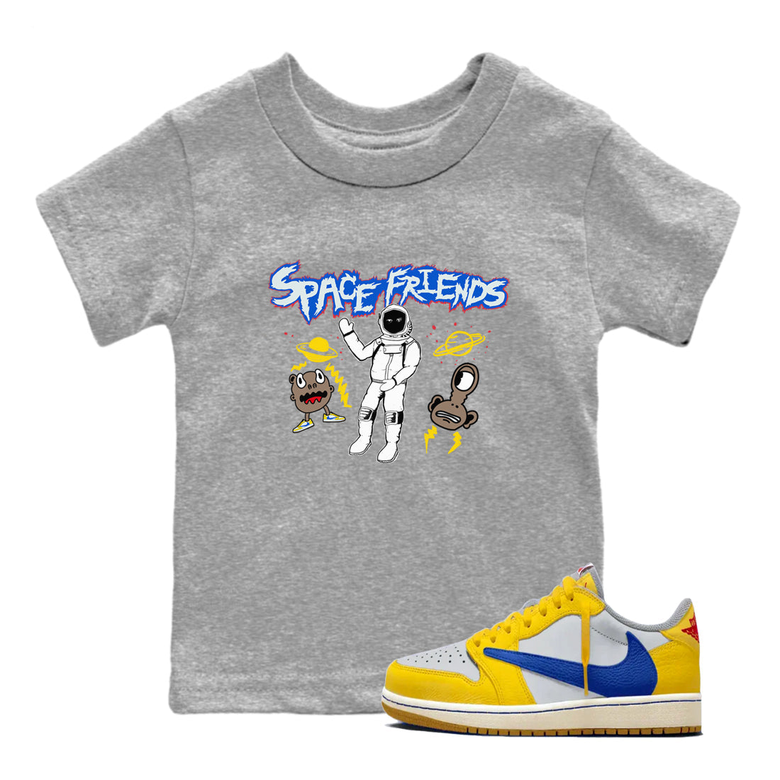 1s Travis Scott Canary shirt to match jordans Space Friends sneaker tees Air Jordan 1 Travis Scott Canary Drip Gear Zone baby toddler Heather Grey 1 cotton Shirt