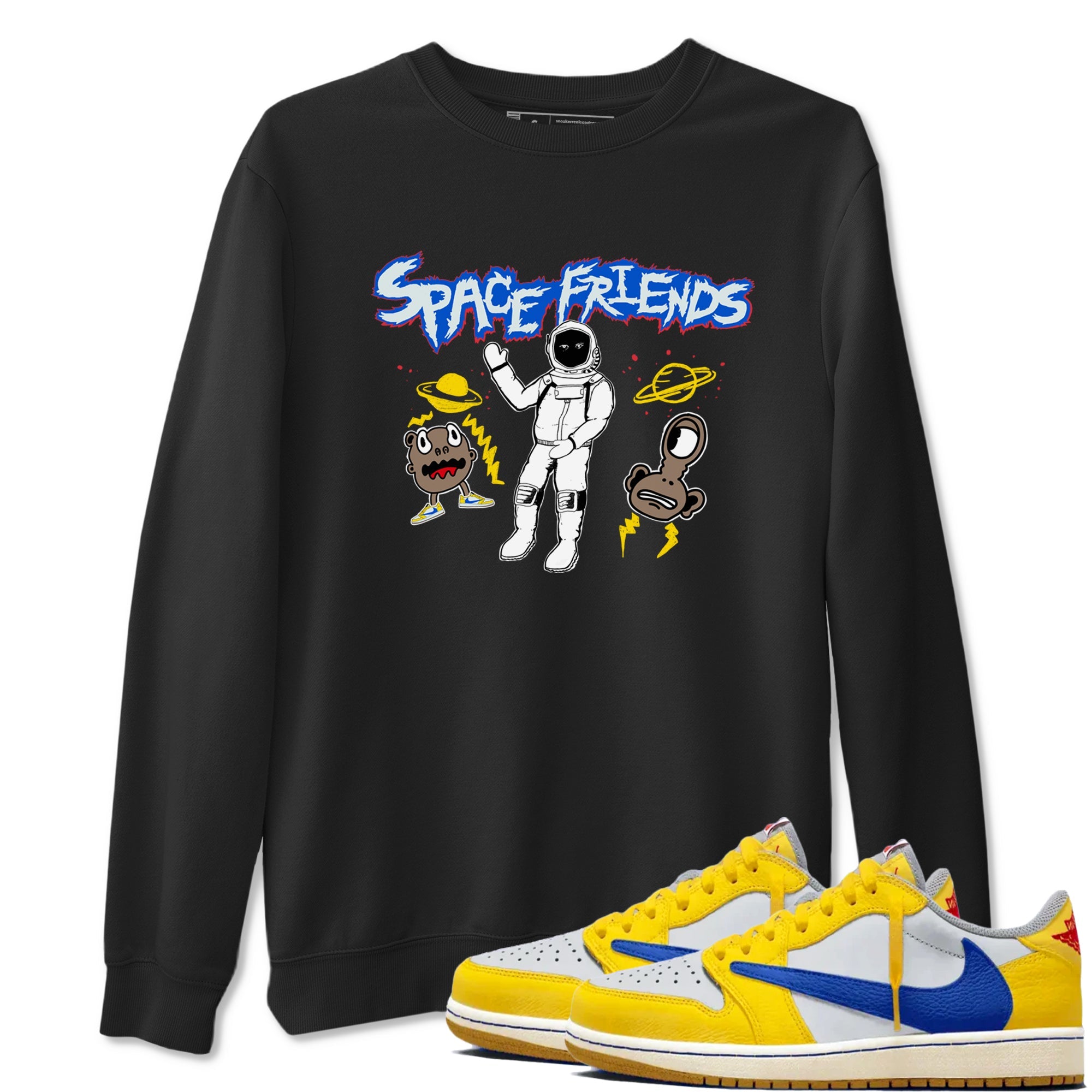 1s Travis Scott Canary shirt to match jordans Space Friends sneaker tees Air Jordan 1 Travis Scott Canary Drip Gear Zone unisex cotton Black 1 crew neck shirt