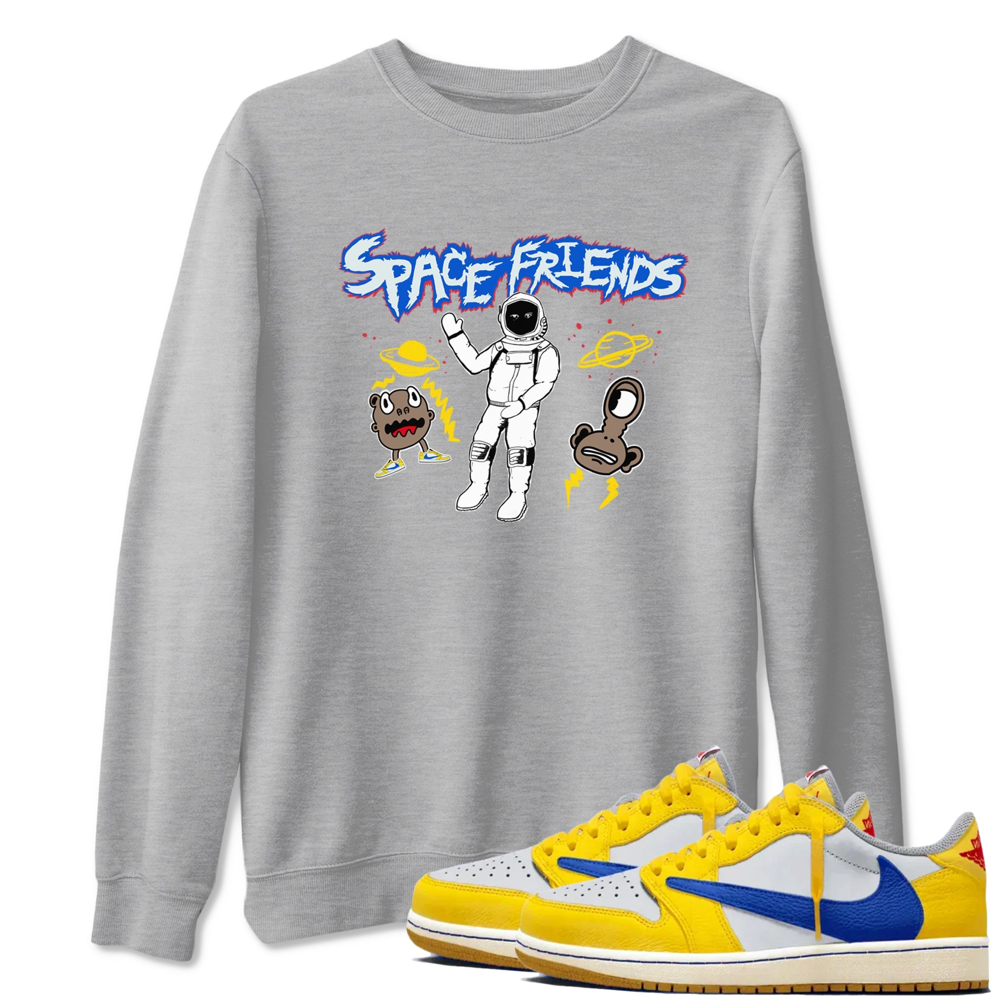 1s Travis Scott Canary shirt to match jordans Space Friends sneaker tees Air Jordan 1 Travis Scott Canary Drip Gear Zone unisex cotton Heather Grey 1 crew neck shirt