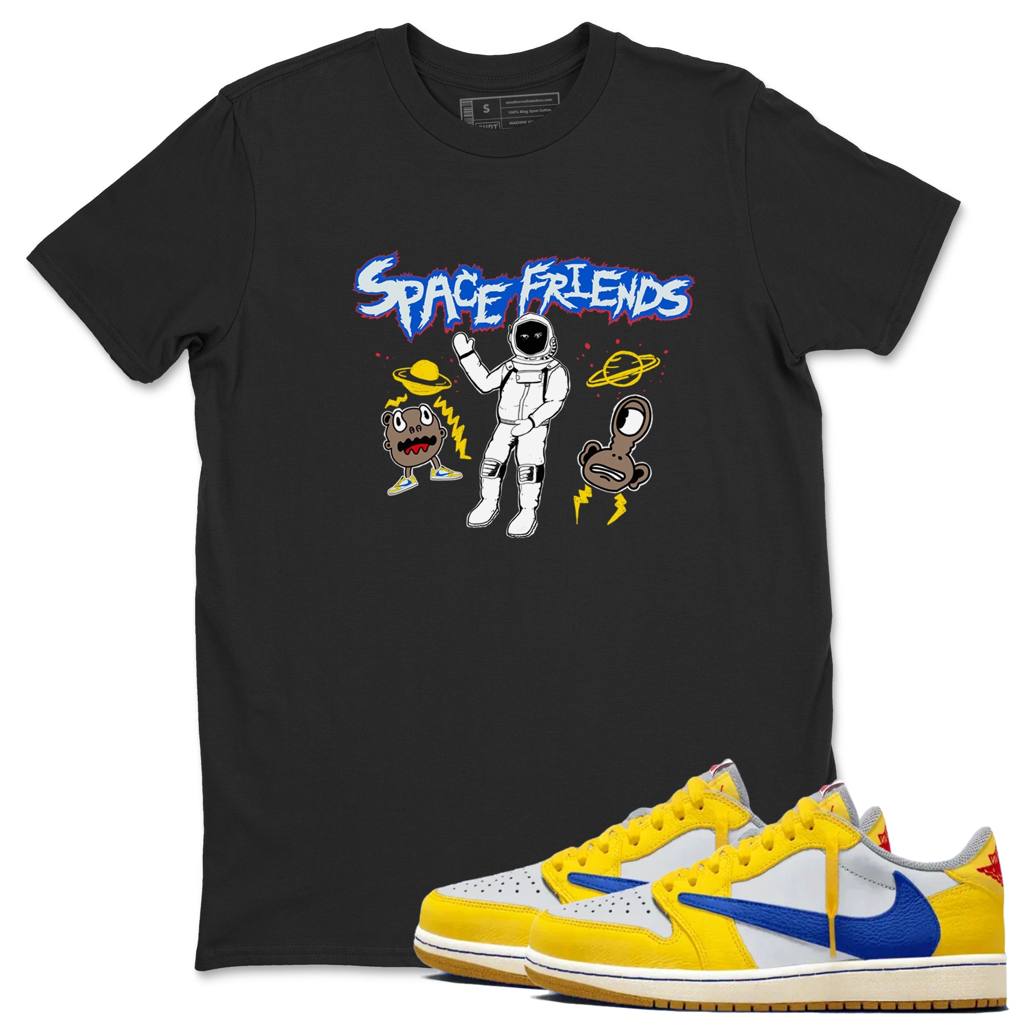 1s Travis Scott Canary shirt to match jordans Space Friends sneaker tees Air Jordan 1 Travis Scott Canary Drip Gear Zone unisex cotton Black 1 crew neck shirt