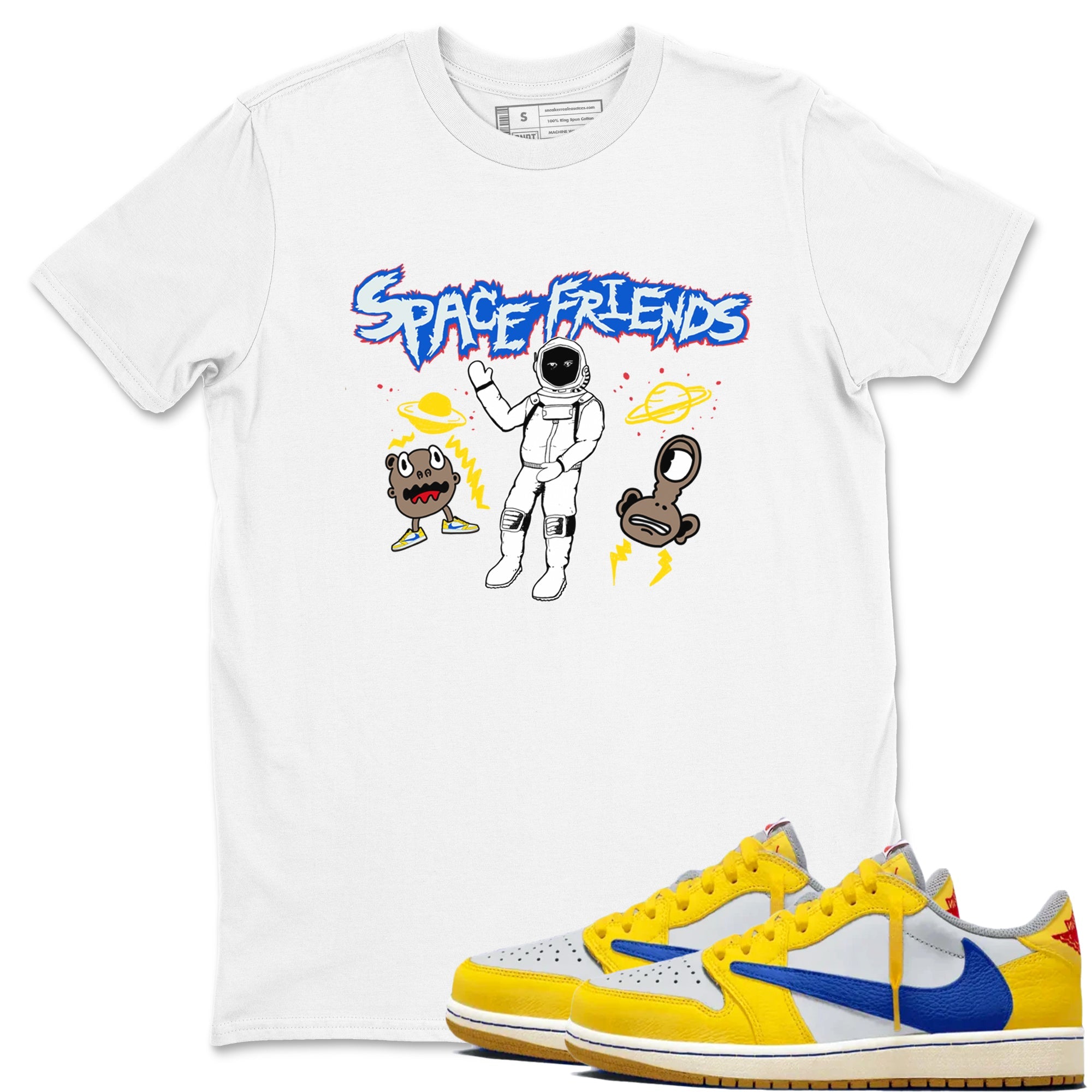 1s Travis Scott Canary shirt to match jordans Space Friends sneaker tees Air Jordan 1 Travis Scott Canary Drip Gear Zone unisex cotton White 1 crew neck shirt
