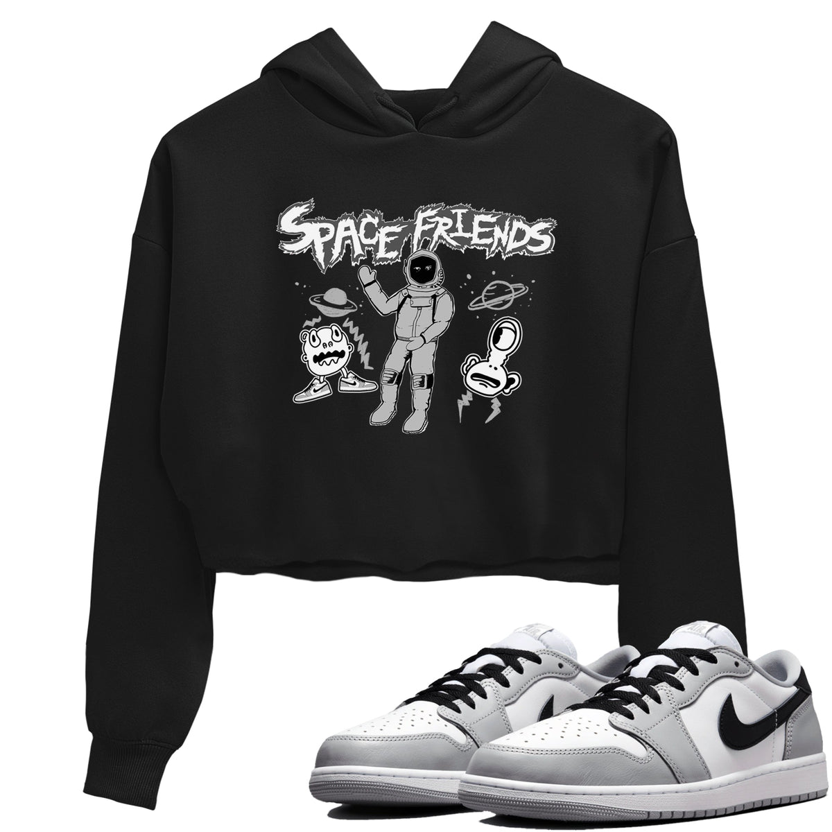 1s Wolf Grey shirts to match jordans Space Friends sneaker match tees Air Jordan 1 Wolf Grey Drip Gear Zone streetwear brand Black 1 crop tee