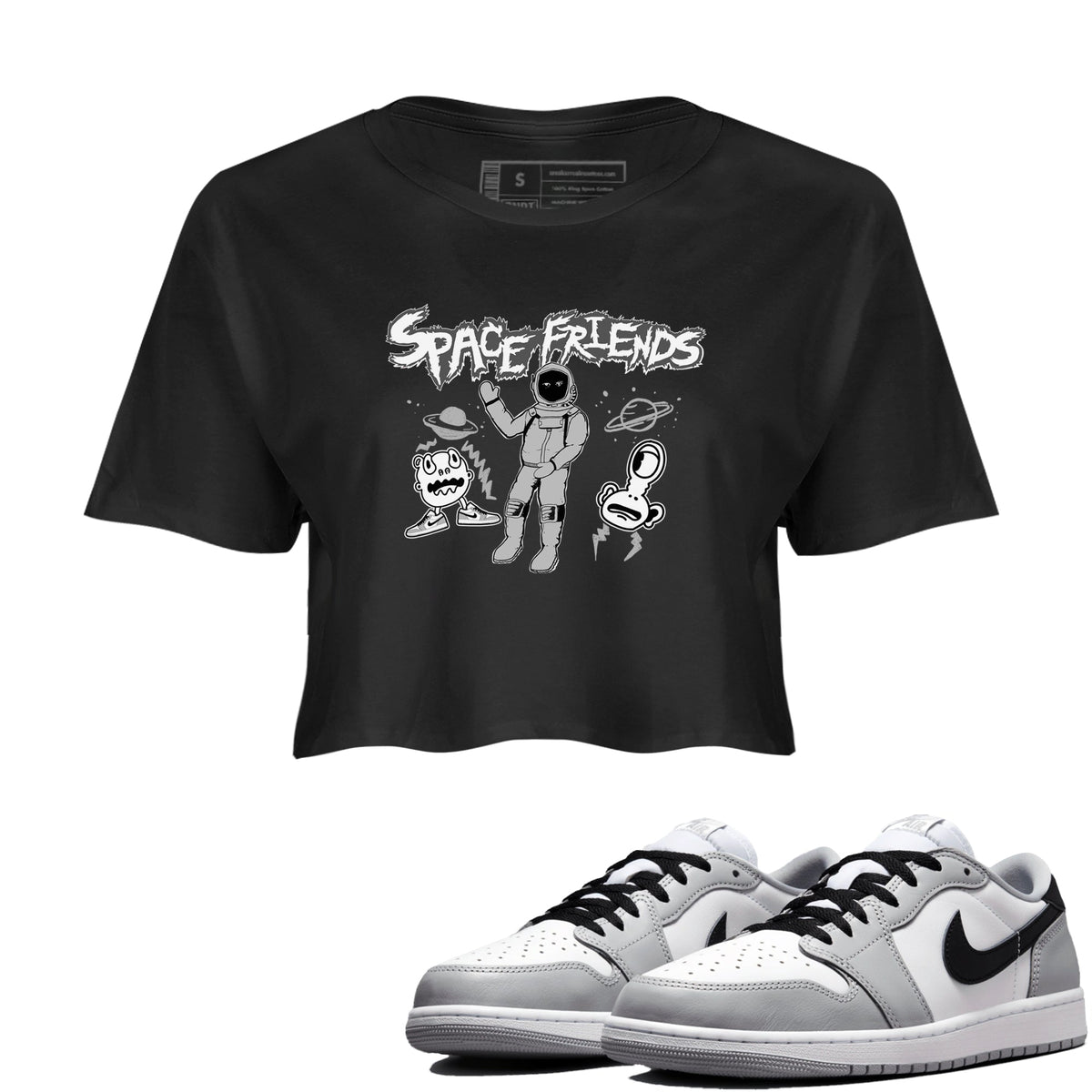 1s Wolf Grey shirts to match jordans Space Friends sneaker match tees Air Jordan 1 Wolf Grey Drip Gear Zone streetwear brand Black 1 crop tee