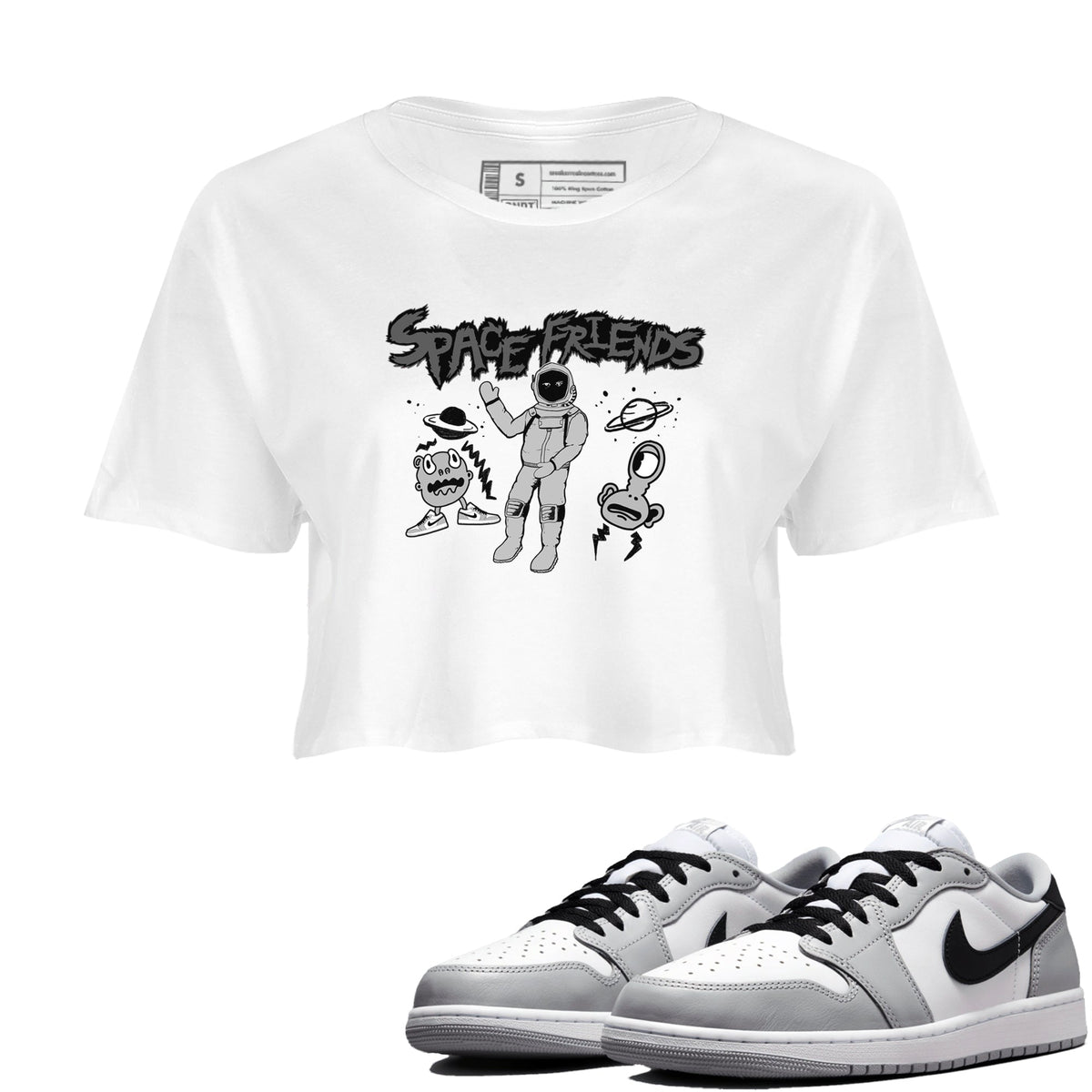 1s Wolf Grey shirts to match jordans Space Friends sneaker match tees Air Jordan 1 Wolf Grey Drip Gear Zone streetwear brand White 1 crop tee