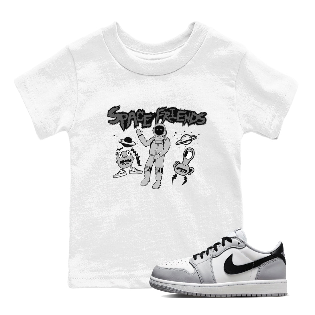 1s Wolf Grey shirts to match jordans Space Friends sneaker match tees Air Jordan 1 Wolf Grey Drip Gear Zone streetwear brand Baby and Youth White 1 cotton tee