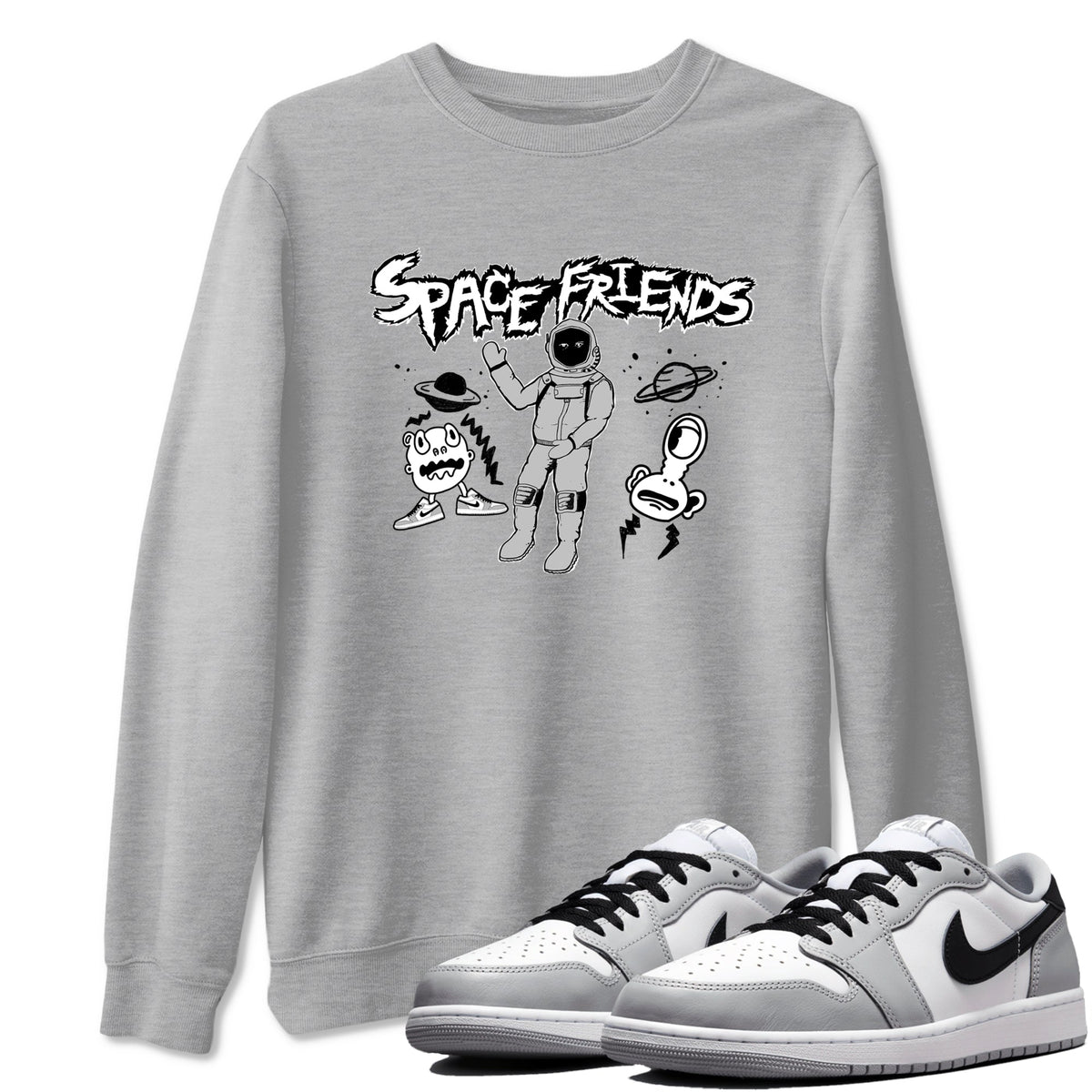 1s Wolf Grey shirts to match jordans Space Friends sneaker match tees Air Jordan 1 Wolf Grey Drip Gear Zone streetwear brand Heather Grey 1 unisex cotton tee