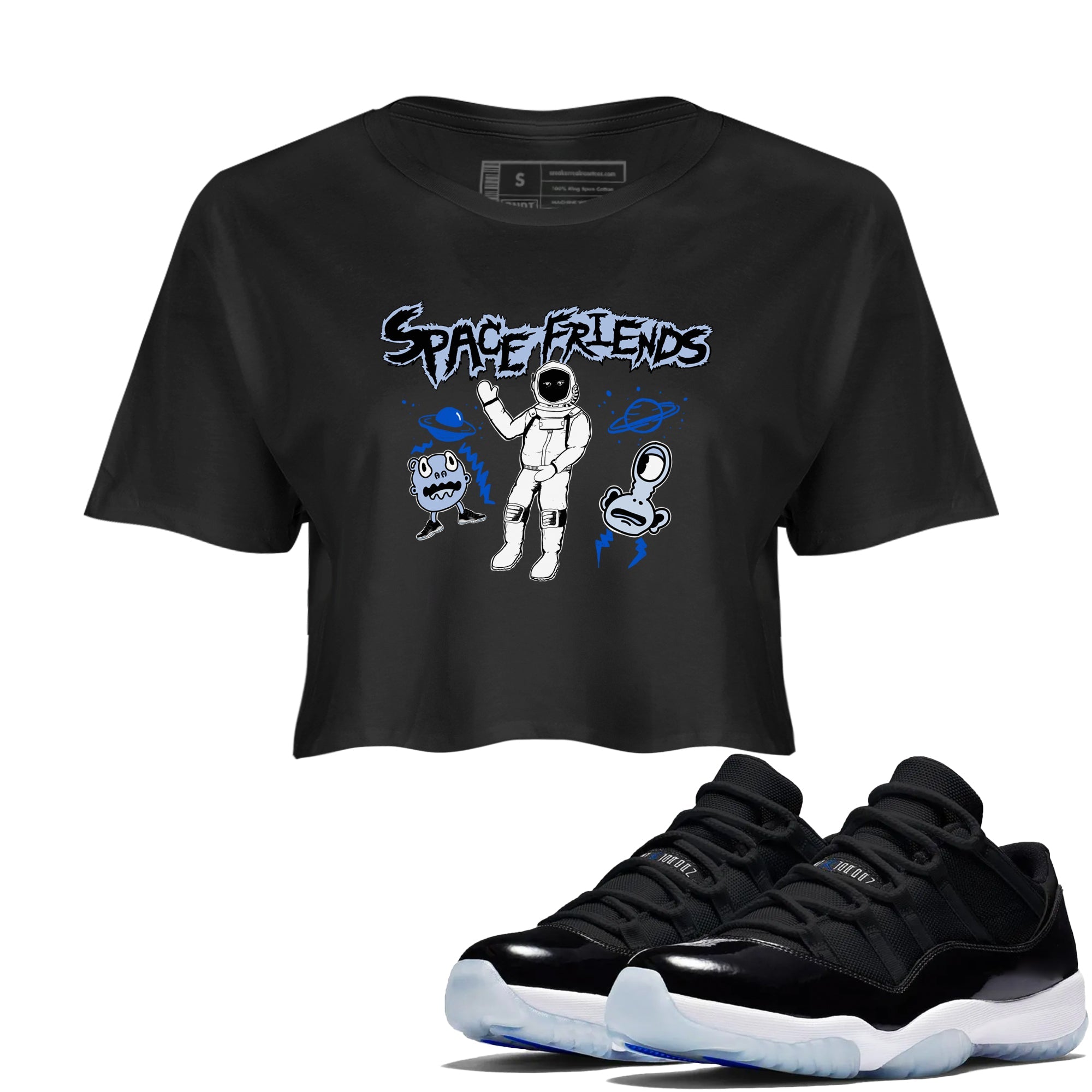 11s Space Jam shirt to match jordans Space Friends sneaker tees Air Jordan 11 Retro Space Jam Streetwear Brand Streetwear Brand Drip Gear Zone Black 1 crop length shirt
