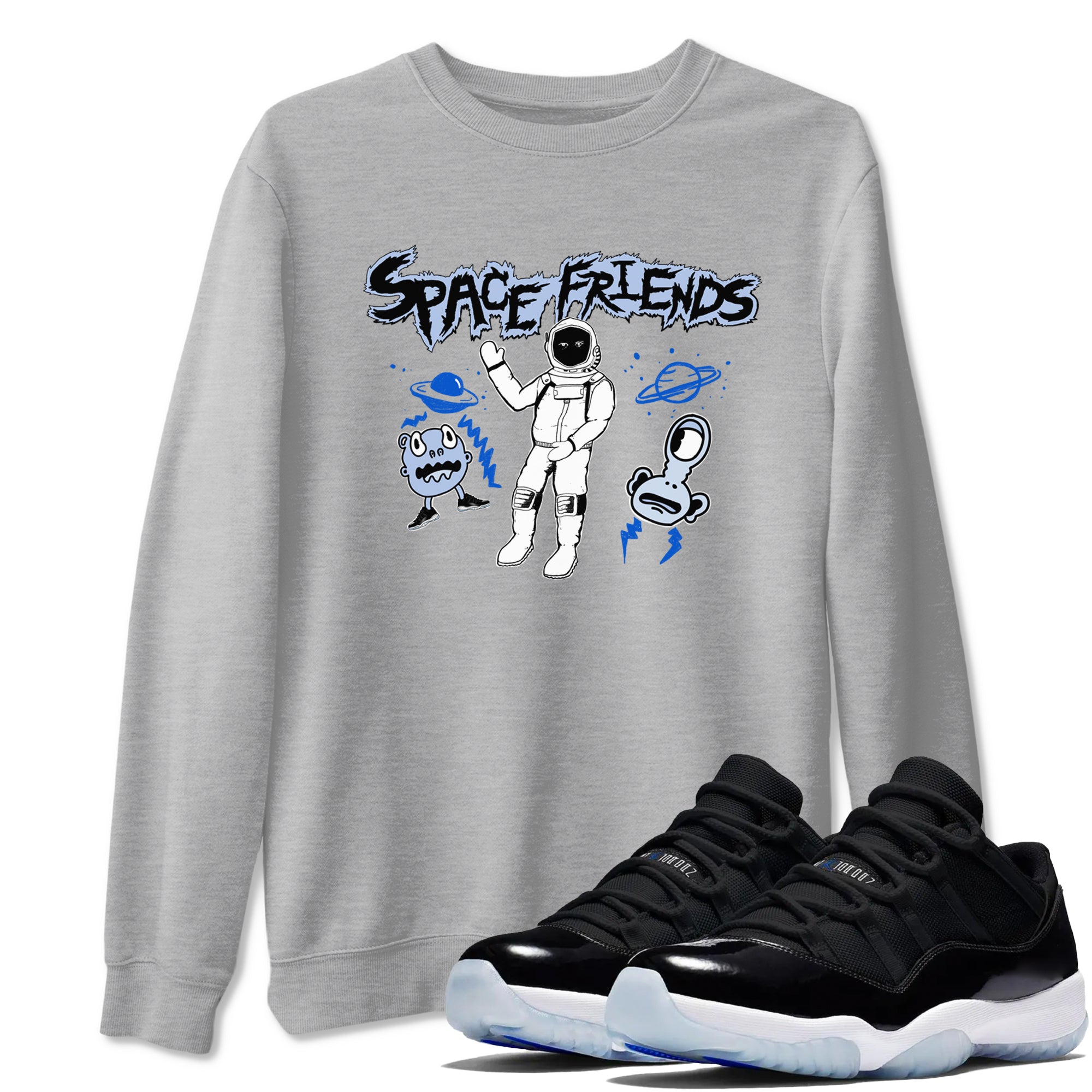 11s Space Jam shirt to match jordans Space Friends sneaker tees Air Jordan 11 Retro Space Jam Streetwear Brand Drip Gear Zone unisex cotton Heather Grey 1 crew neck shirt