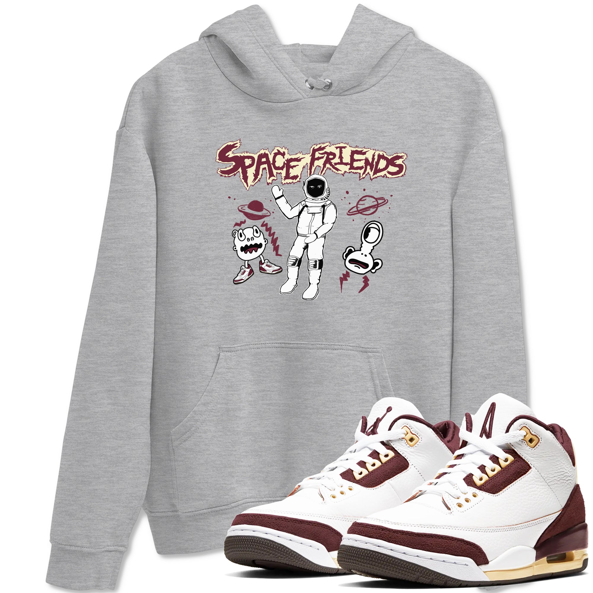 AJ3 A Ma Maniere x Burgundy Crush shirts to match jordans Space Friends sneaker match tees A Ma Maniére x Air Jordan 3 "Burgundy Crush" Drip Gear Zone streetwear brand Heather Grey 1 unisex cotton tee